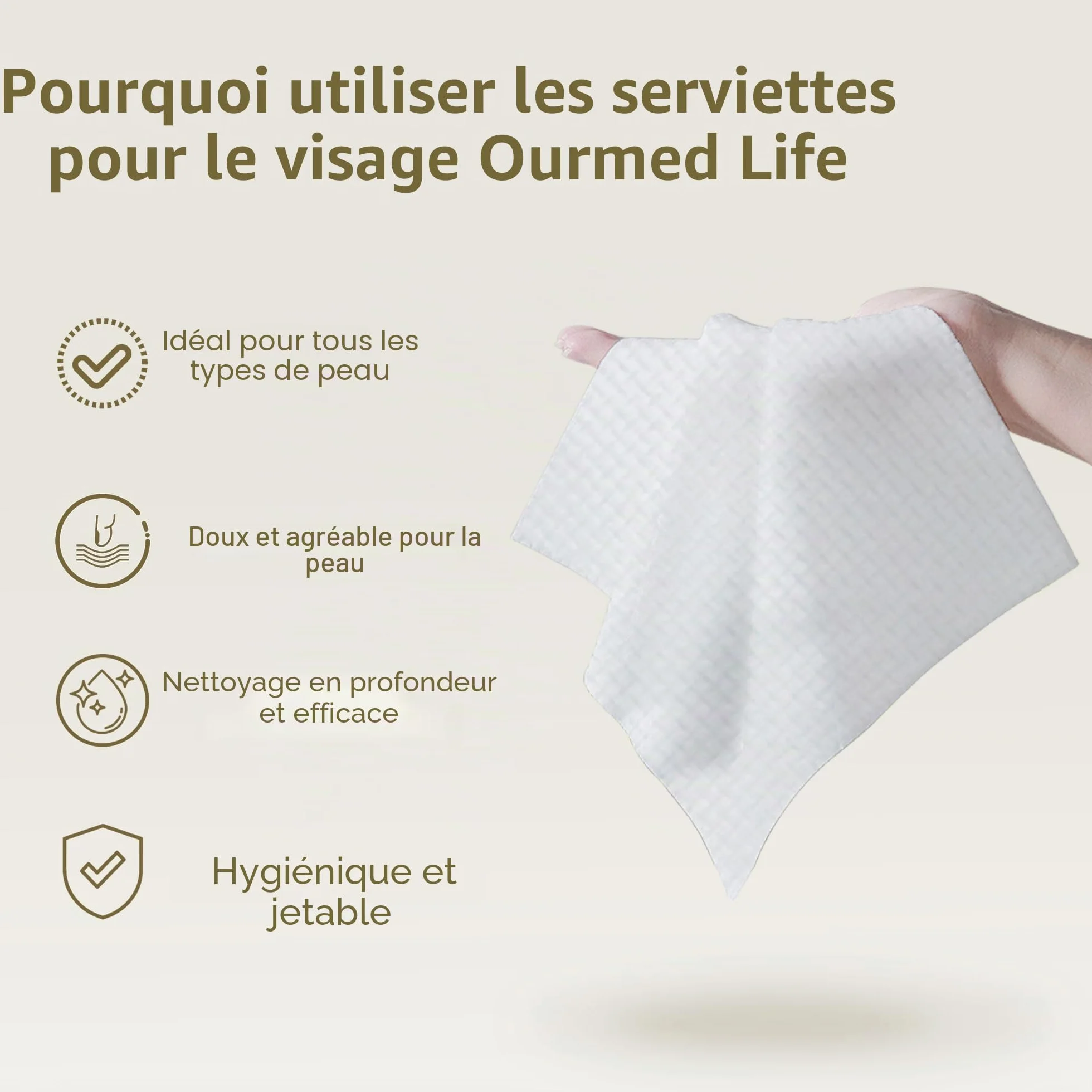Ourmed Life Serviettes Faciales Jetables Biodégradables pour Peaux Sensibles, 10"x12", 50 unités