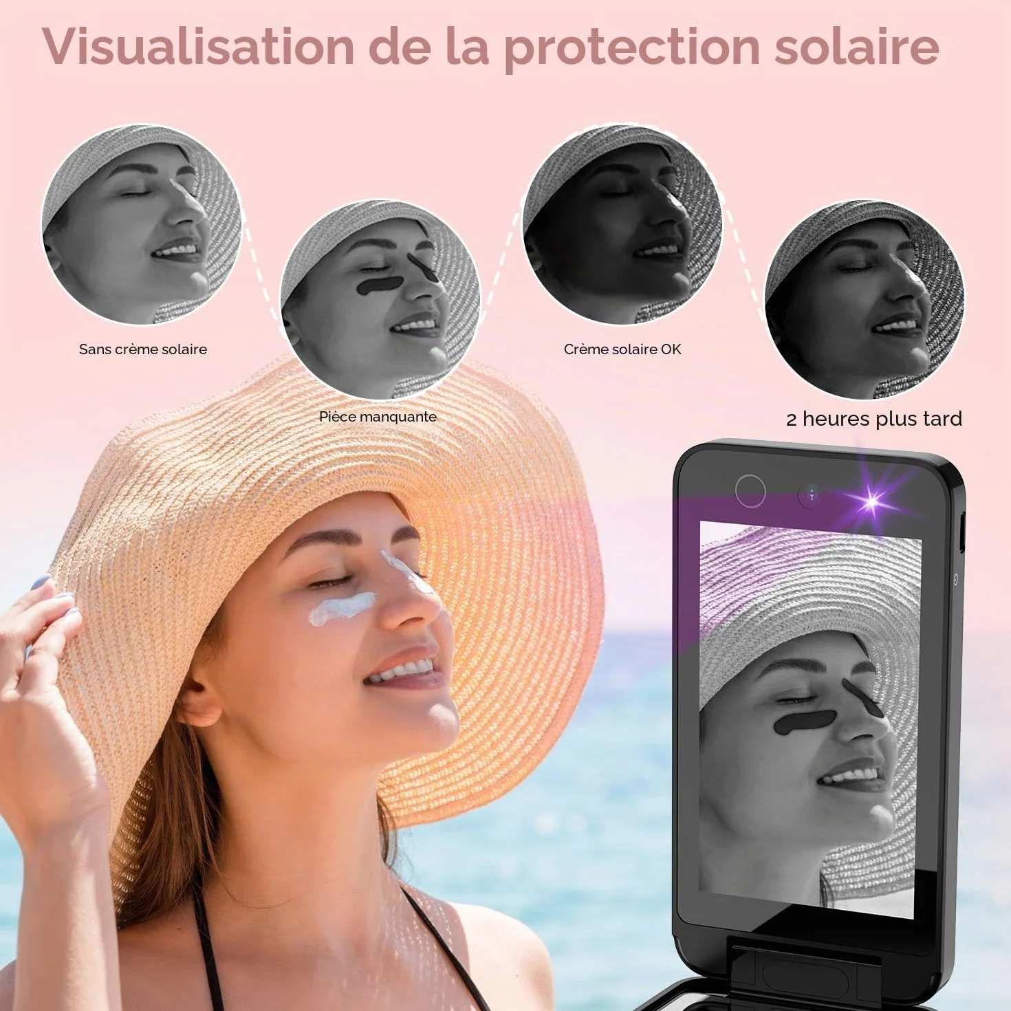 Miroir UV compact et portable, miroir de courtoisie de 10,2 cm avec caméra UV pour tester la crème solaire, miroir de maquillage de voyage rechargeable, miroir de poche double face pour la protection
