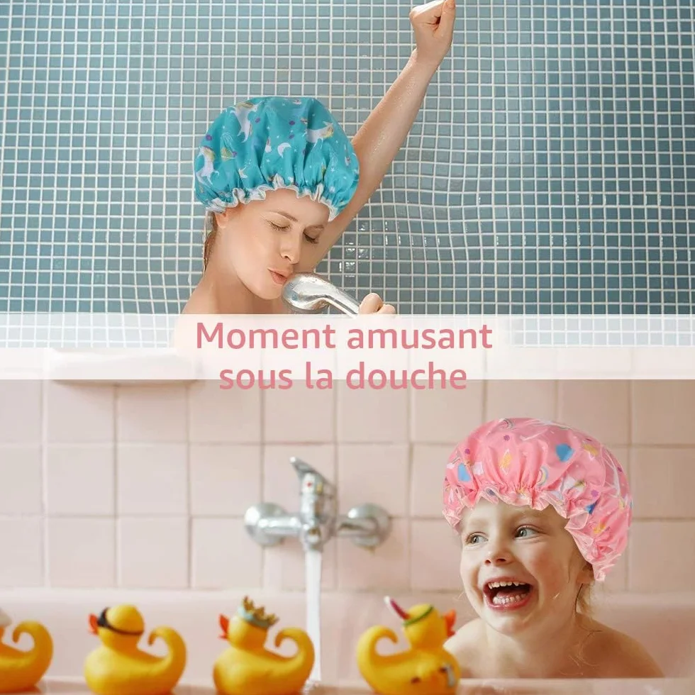 Bonnet de Douche Imperméable 4 Pièces Réutilisables Licorne, Accessoire Cheveux pour Femmes Filles Spa Salon