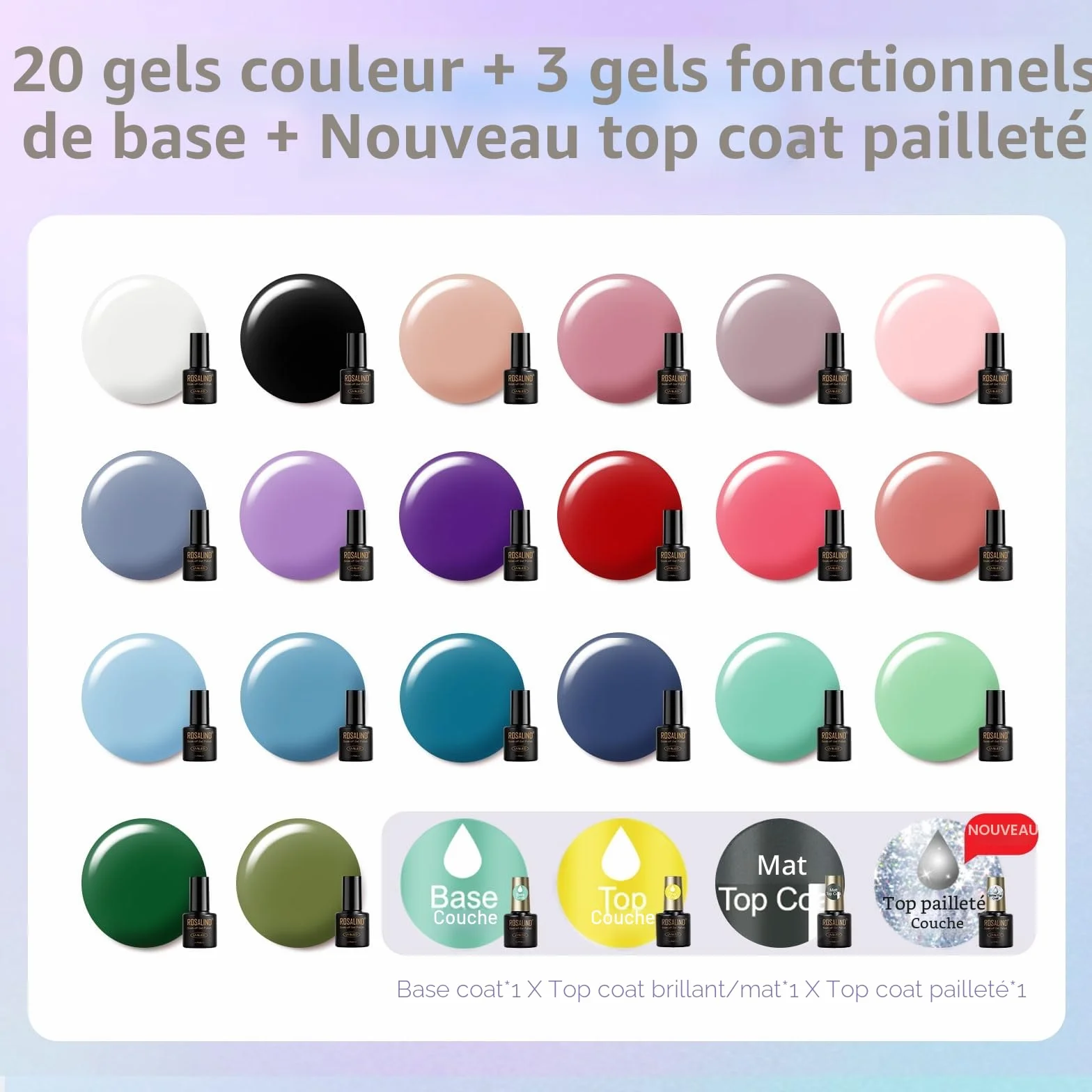 Kit Vernis Semi Permanent ROSALIND 20+4 PCS UV/LED Lampe 48W Ponceuse Électrique Ongle Gel Complet