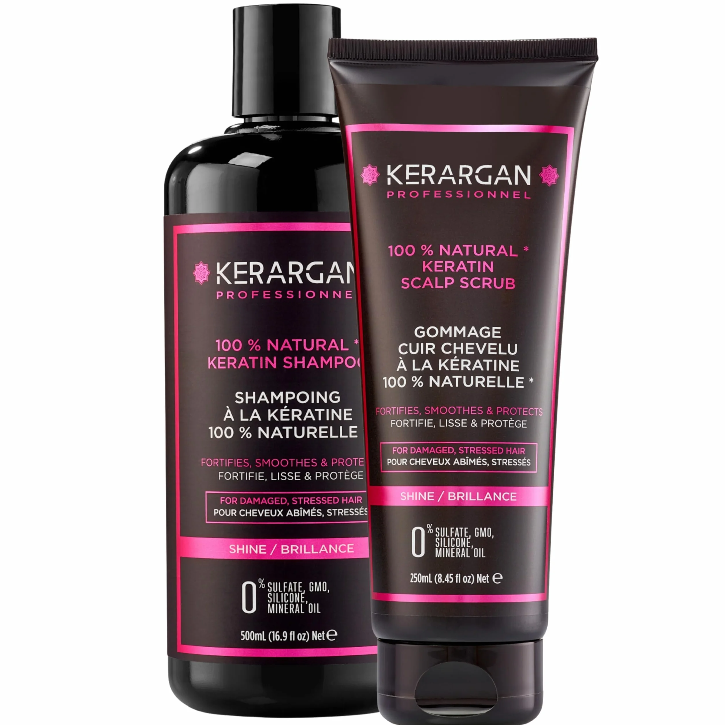 KERARGAN - Duo Kératine Shampoing & Gommage Sans Silicones - 500ml+250ml | Shampoing et gommage, nettoient et exfolient le cuir chevelu, formules sans silicones, OGM ni huiles minérales