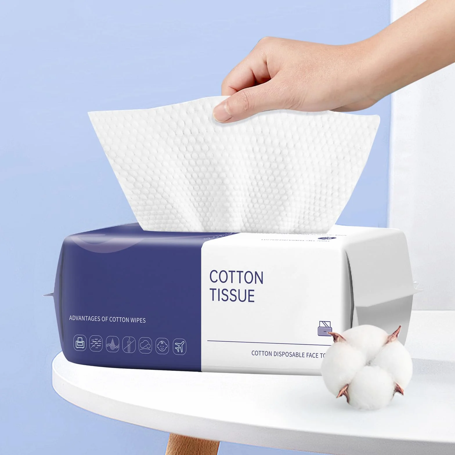 Serviettes Visage Jetables 100 Unités - Lingettes Démaquillantes Épaisses en Coton Biodégradable