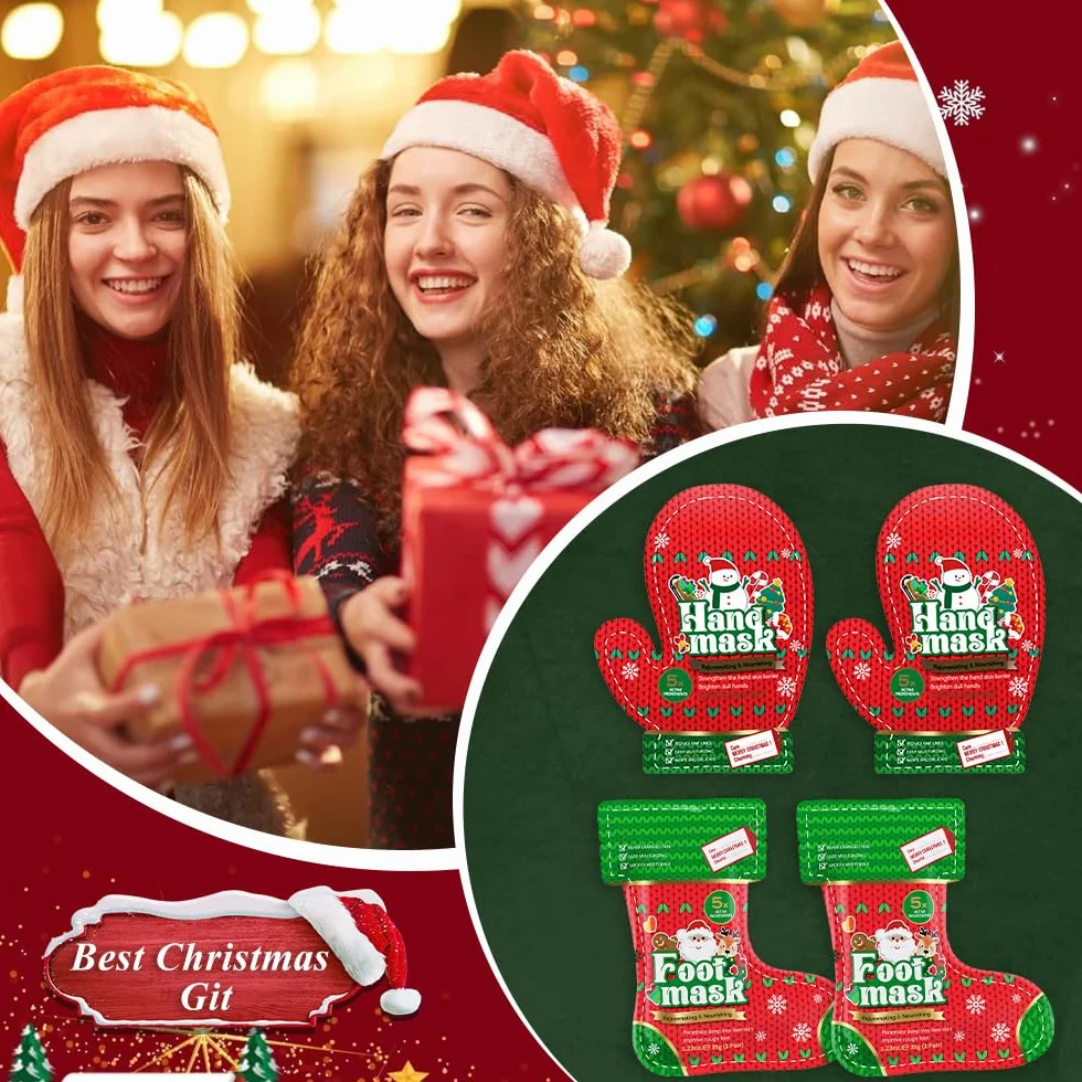 Set de Masques Mains et Pieds Christmas, 2 Pièces Exfoliant Pied, Soin Réparateur Peaux Sèches