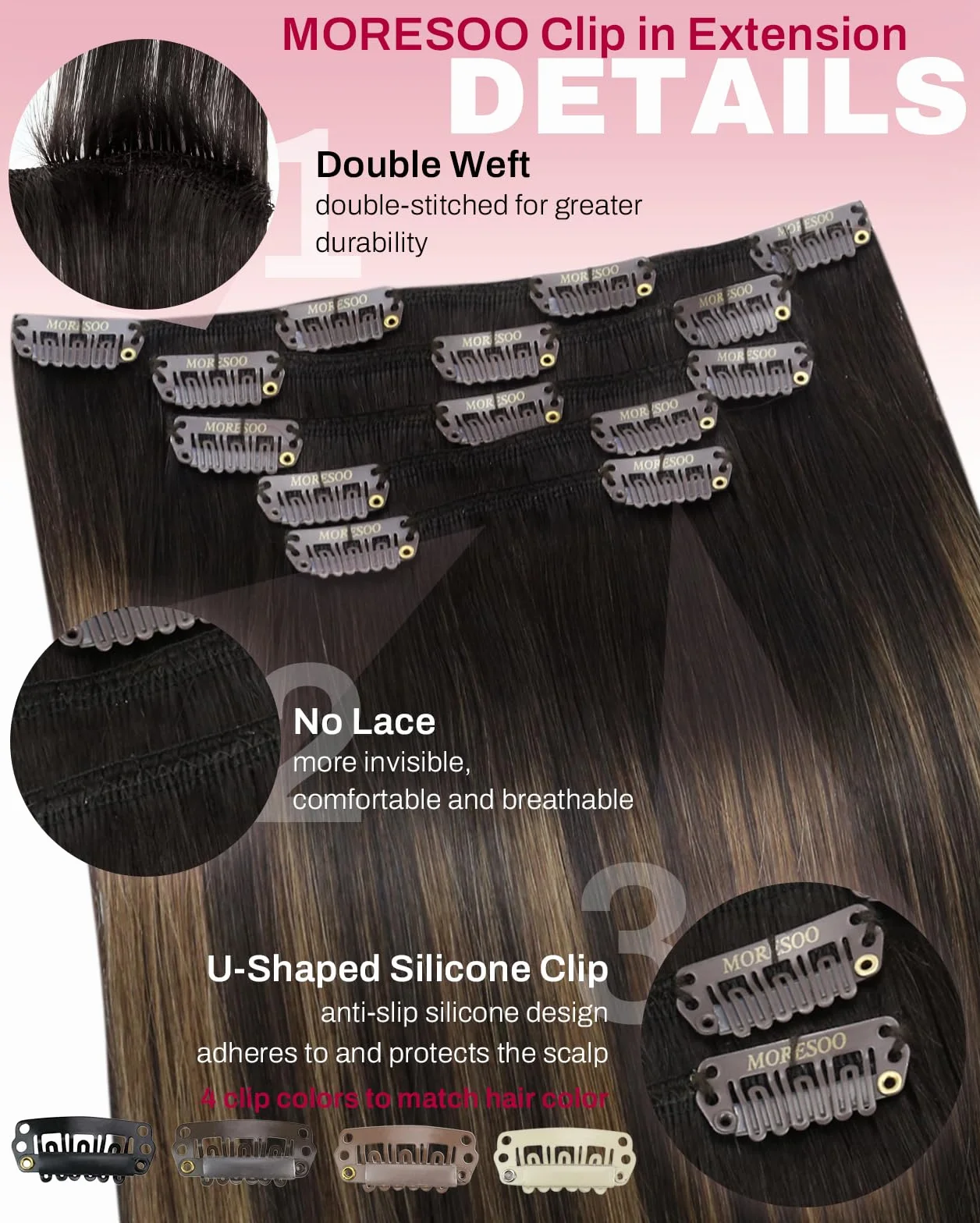 Moresoo Extension Cheveux Naturel Clip Balayage Brun le plus Foncé avec Brun Moyen Extension Clip Cheveux Naturel Remy Lisse Courte #2/6/2 30 cm 5 Pièces 80g