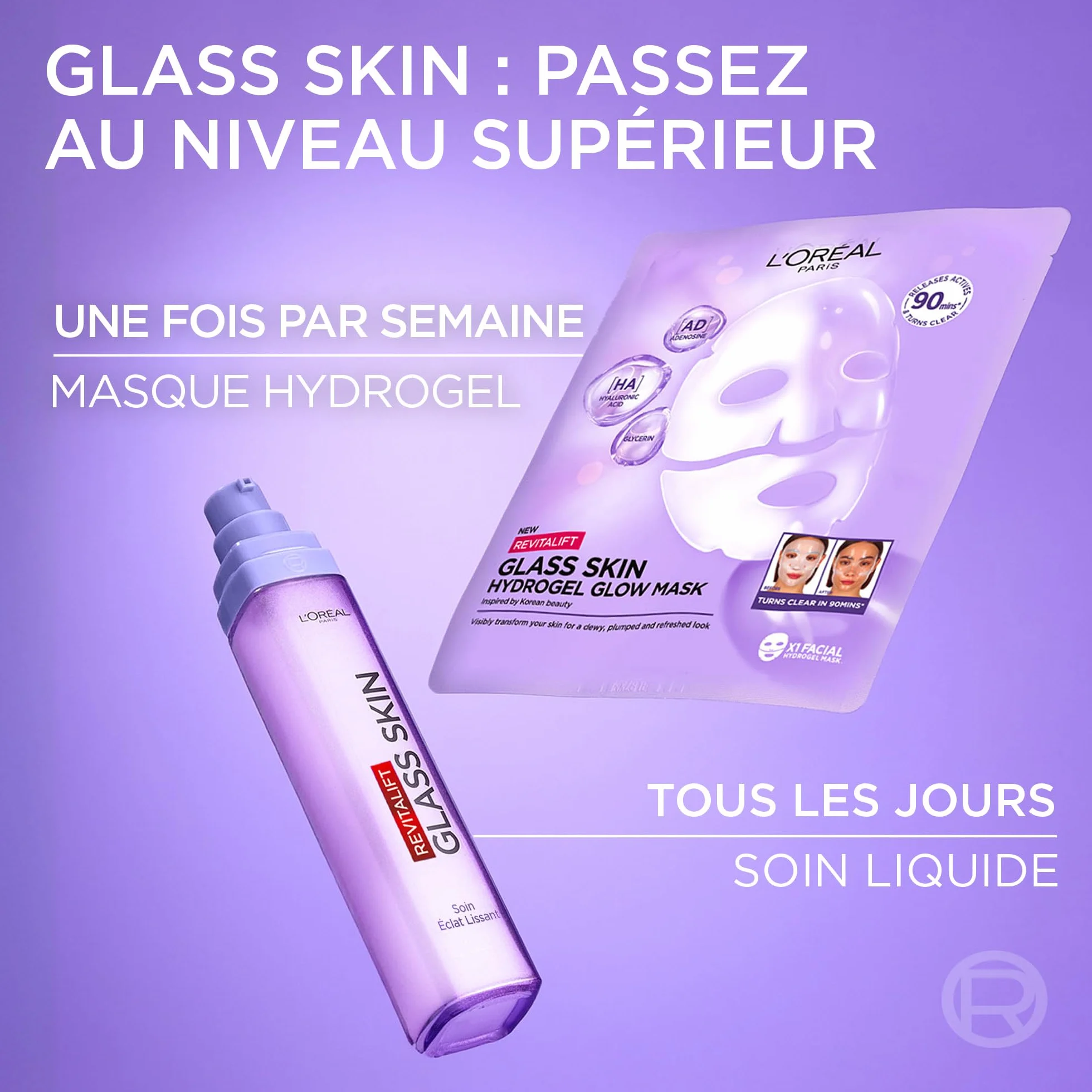 L'Oréal Paris Revitalift Filler Glass Skin Masque Visage Hydrogel Éclat Hydratation Intense Acide Hyaluronique Lot de 4
