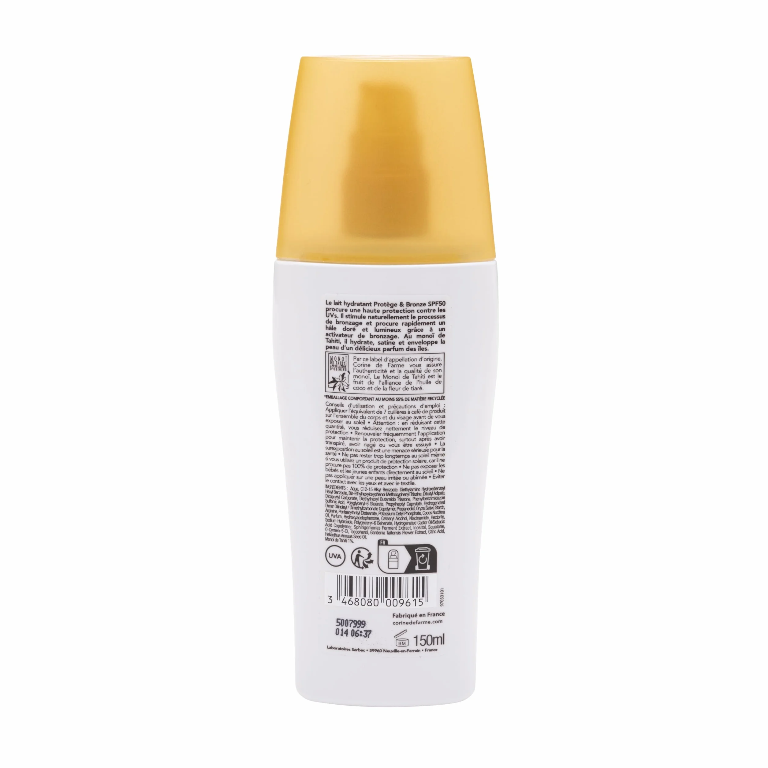 Corine de Farme Lait Hydratant Protect & Bronze SPF50 150ml Crème Solaire Monoï de Tahiti Protection UV Haute