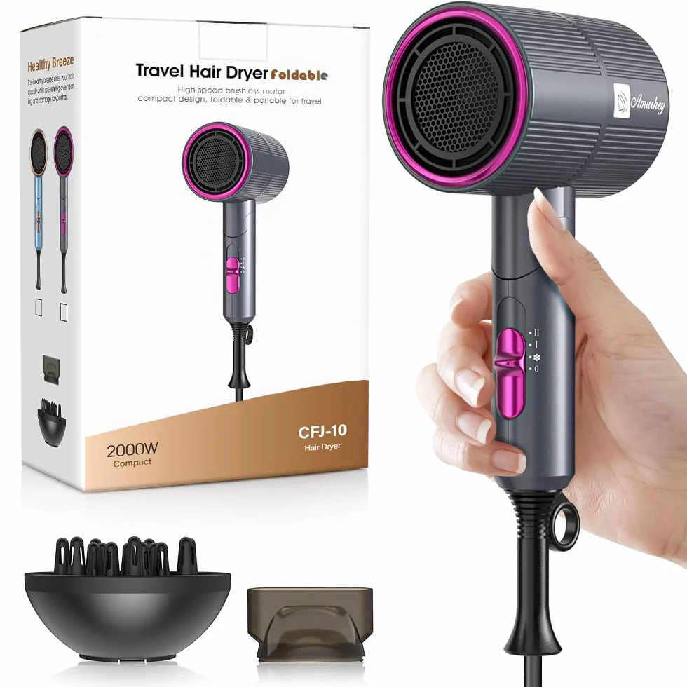 Sèche-cheveux ionique avec flux d'air de 24 m/s Amurhey – Léger & Pliable (env. 250 g)– Sèche-cheveux de voyage 2000 W avec Concentrateur & diffuseur – Hair Dryer Moteur sans balais 110 000 tr/min