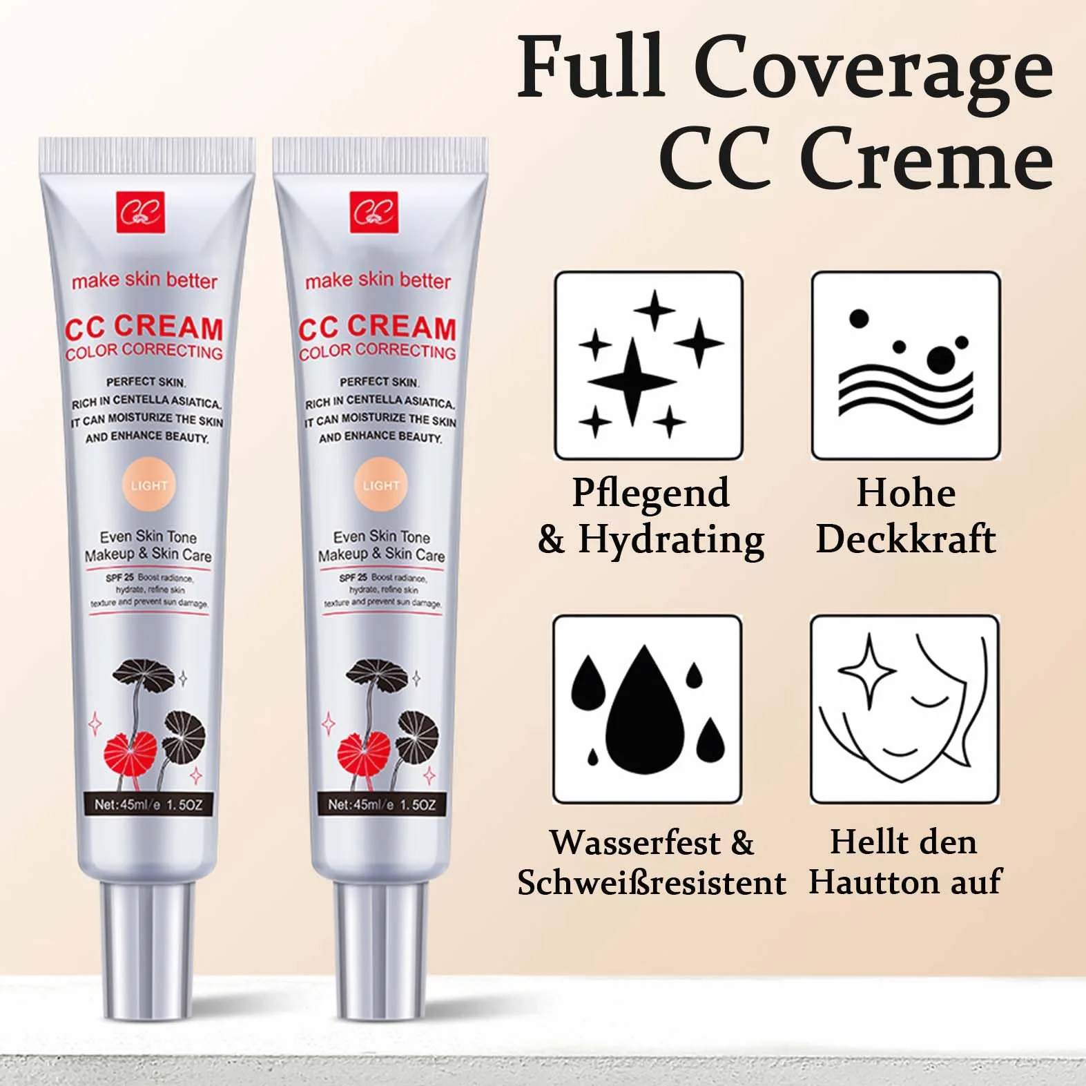 CC Cream avec Centella Asiatica SPF 25 - Fondation de maquillage anti-cernes couvrance complète