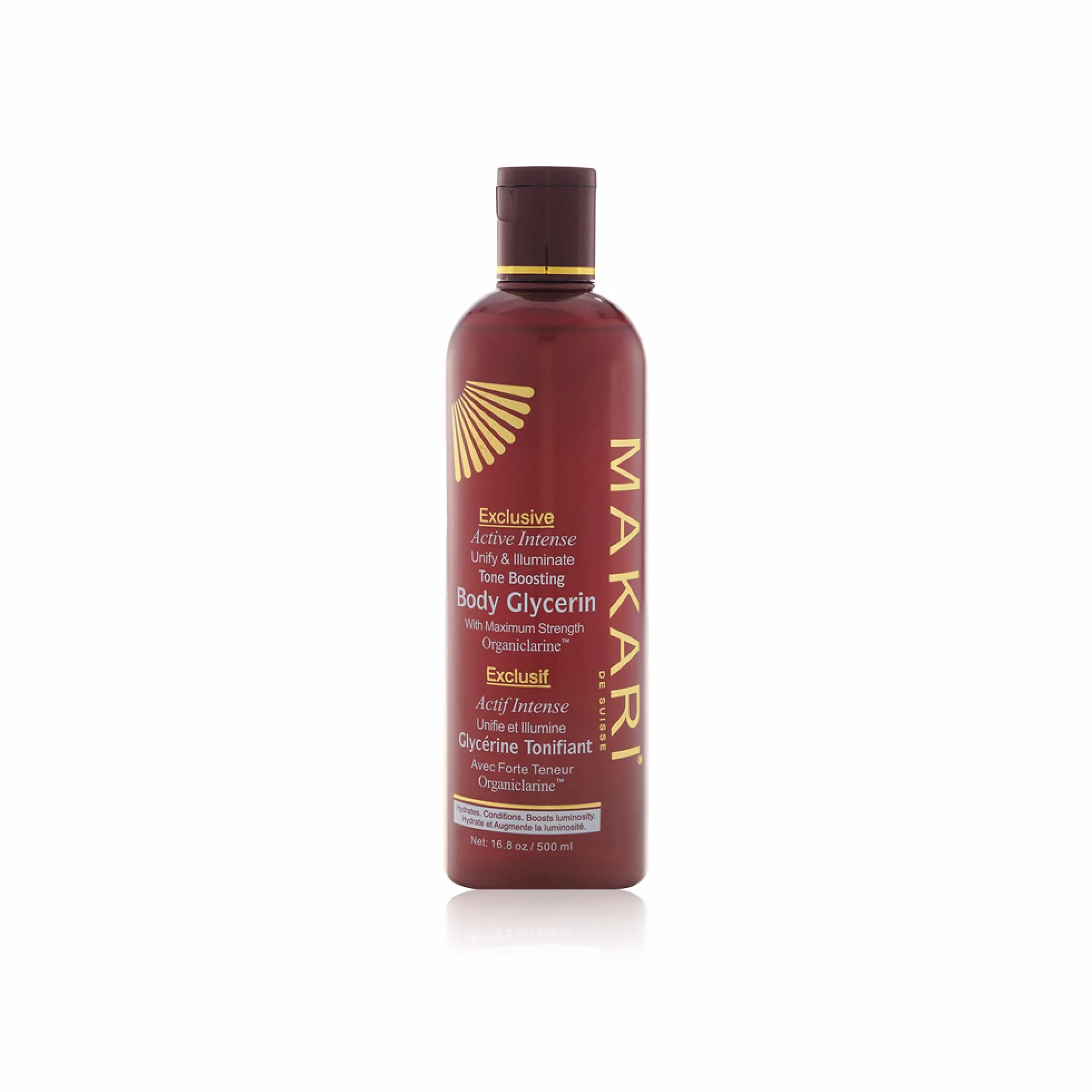 Glycérine Exclusif Actif Intense Tonifiant Makari 16.8oz - Hydratation éclaircissant pour le corps avec Organiclarine TM - Traitement blanchissant pour les marques noirs, les taches d'âge