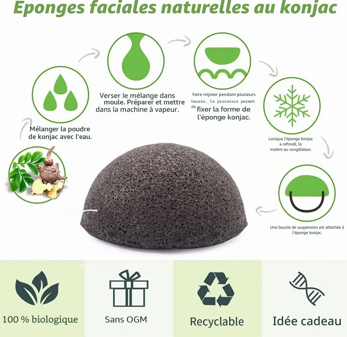 Éponges Konjac Naturelles Lot de 6 - Nettoyant Visage Profond au Charbon Actif & Aloe Vera - Exfoliant Doux Anti-Points Noirs