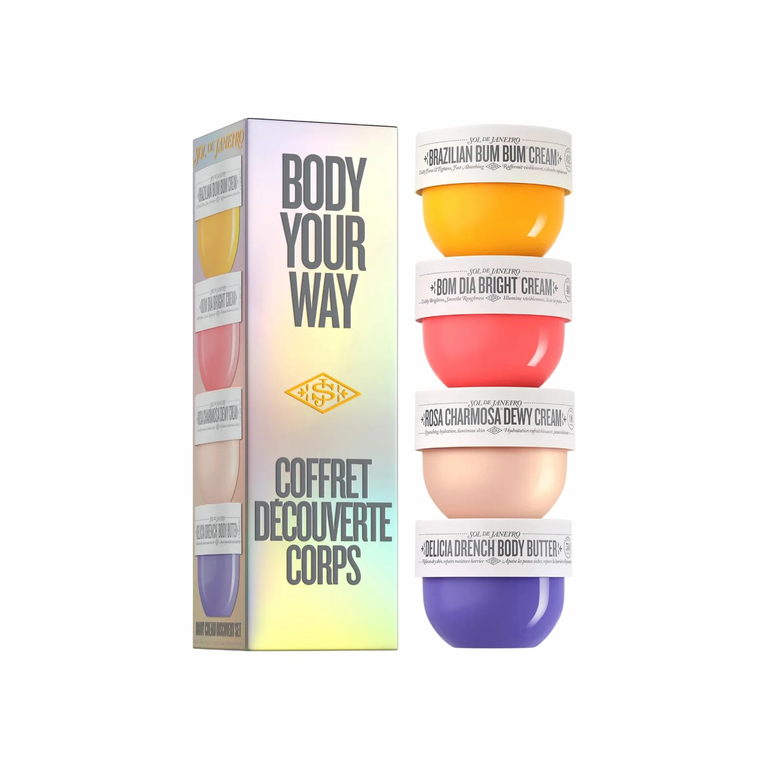 Sol de Janeiro Body Your Way Set de découverte de soins pour le corps, 4 crèmes pour le corps, Crème brésilienne Bum Bum, Bom Dia Bright, Rosa Charmosa Dewy, Beurre corporel Delícia Drench