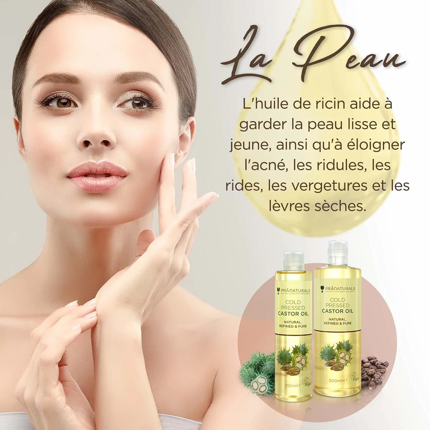 PraNaturals Huile de ricin pressée à froid 500 ml 100% naturel végétalien pure pour la croissance des cheveux et les cils