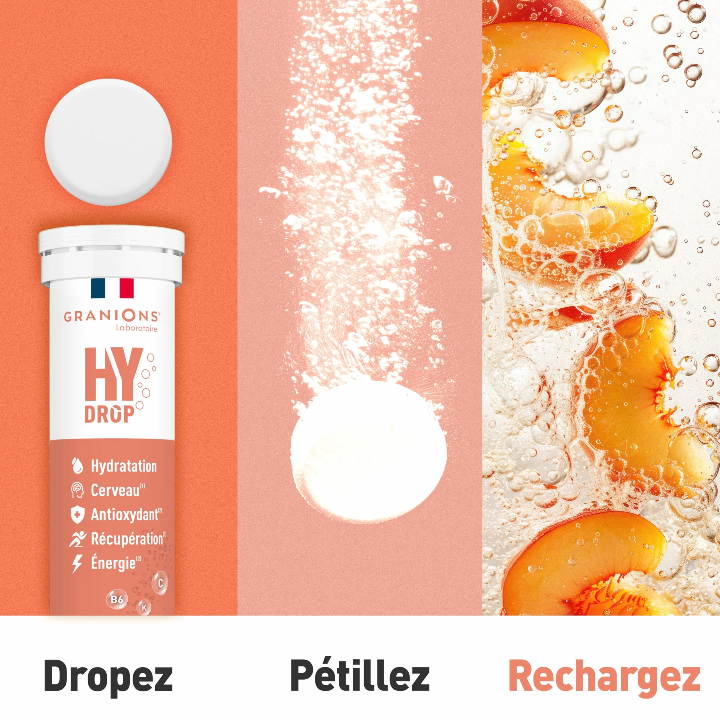 GRANIONS HYDROP Pastilles Hydratation Pêche Sans Sucres Électrolytes Magnésium 20 Pastilles Effervescentes