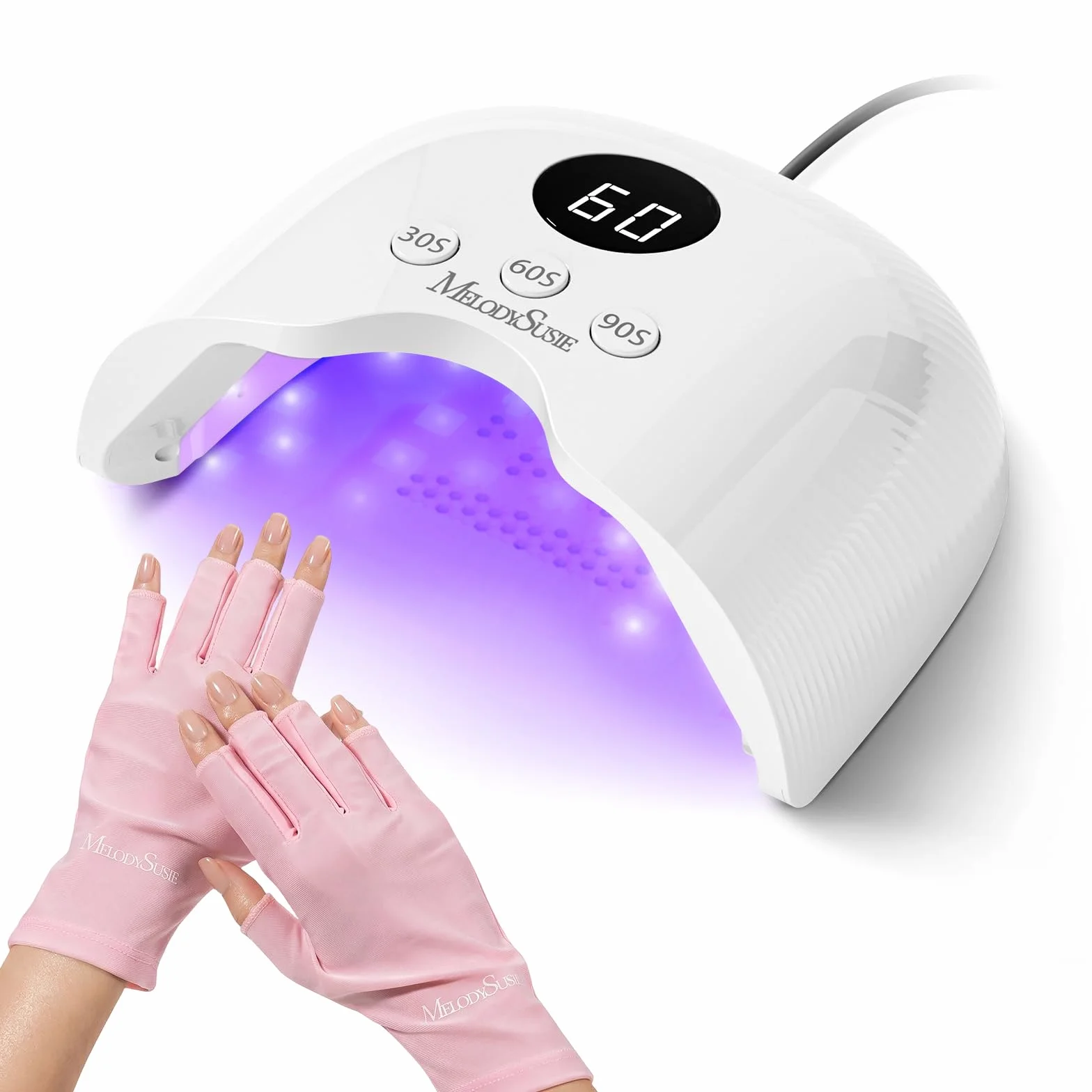 MelodySusie Lampe UV Ongles Gel avec Gants Anti-UV, P-Plus30A 24W Sèche-ongles Professionnel, 3 Minuteurs (30/60/90s), Capteur Automatique, LED Sèche-ongles pour Tous Les Vernis à Ongles UV- Blanc