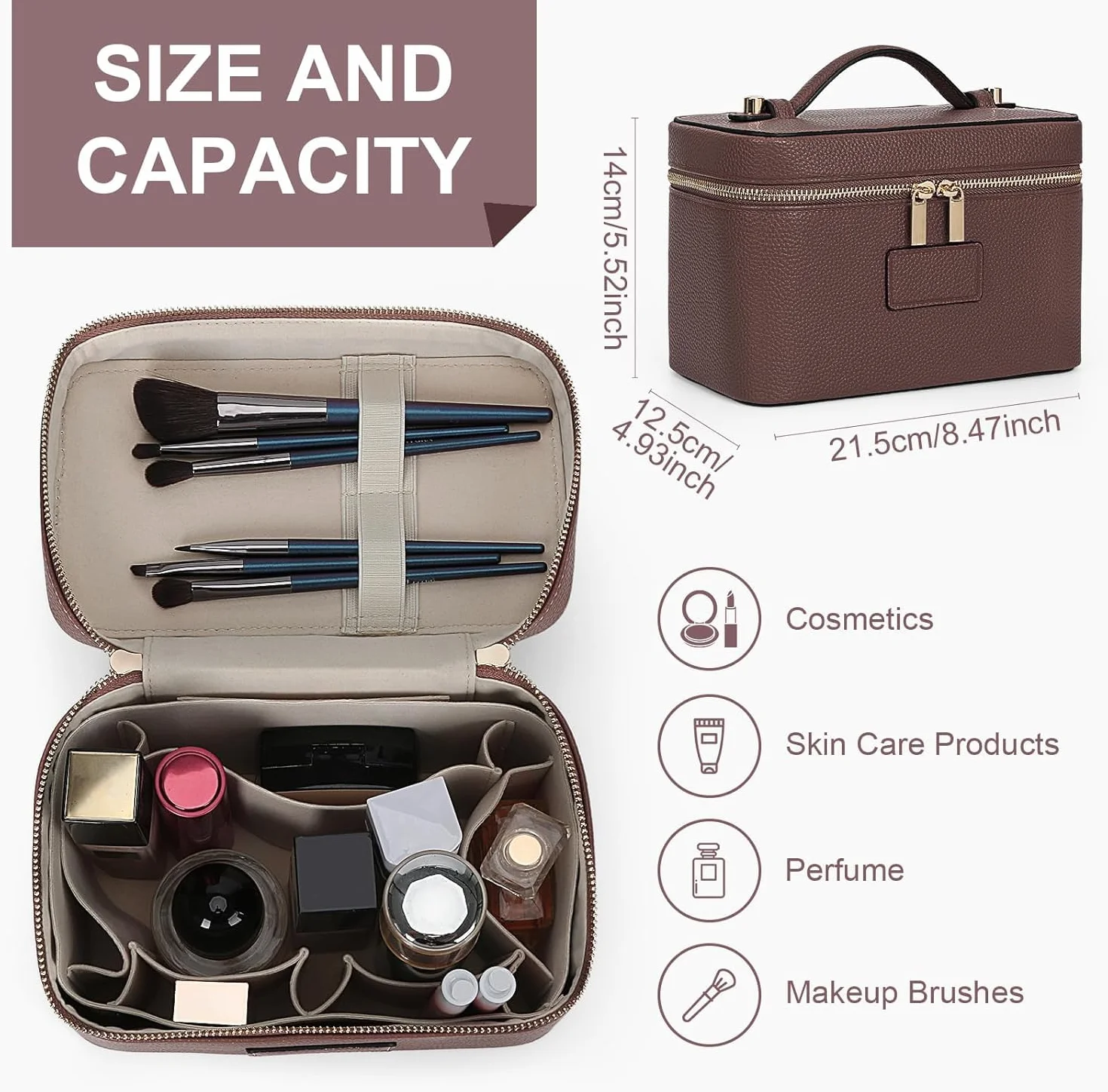 Trousse de Maquillage en Cuir Femme, Trousse de Toilette Voyage avec Compartiments Amovibles, Pochette Rangement Maquillage Portable (Café)