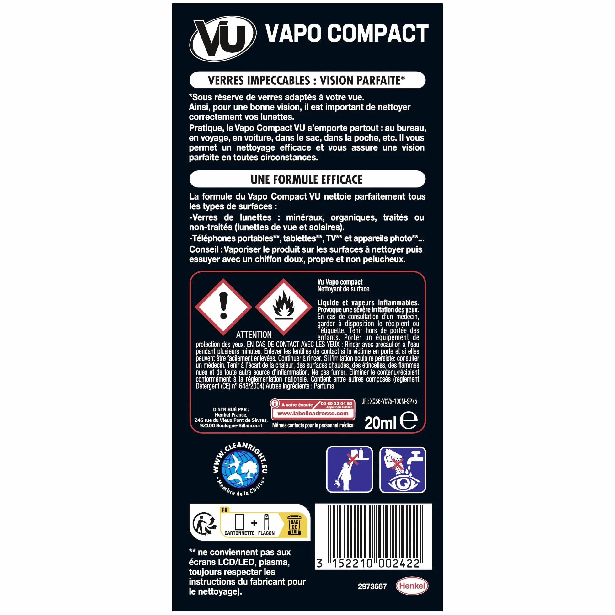 VU Vaporisateur Nettoyant Optique 20ml Spray Vapo Compact Nettoyant Lunettes Ecrans