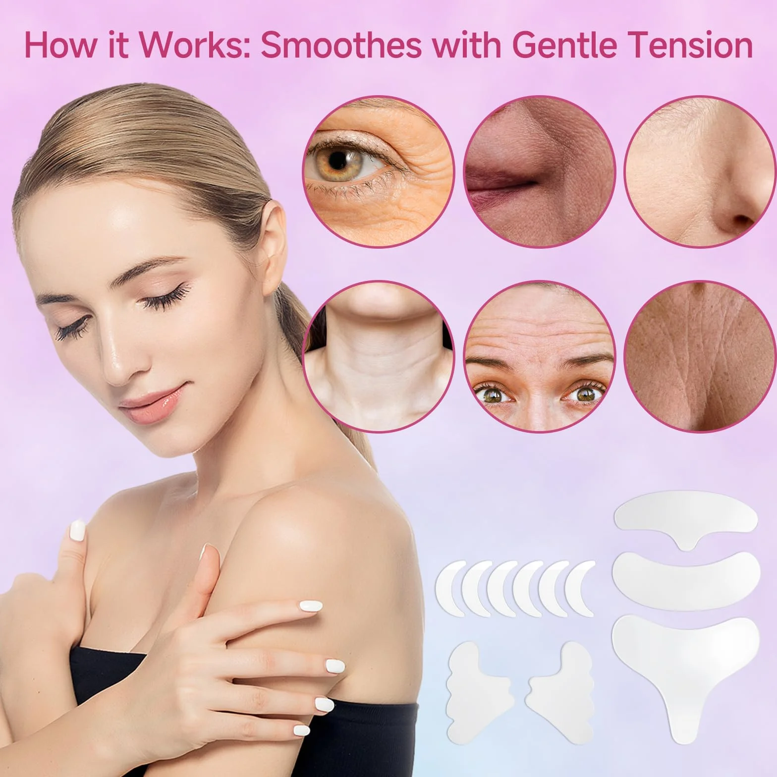 Patch Anti-Rides Visage 11 Pièces Silicone Réutilisables Sans Adhésif Front Yeux Joues Bouche Poitrine