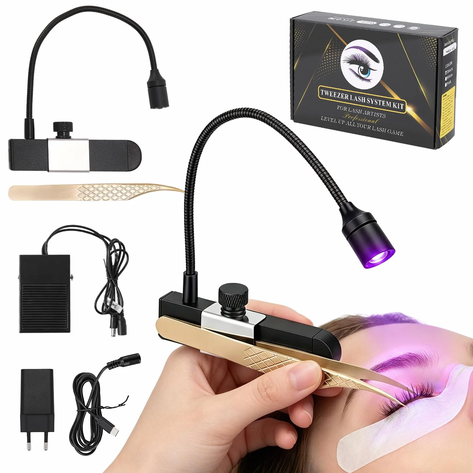 Lampe UV Pour Extensions Cils, 1,8W Lampe Portative Pour Séchage Des Ongles Pour Photopolymérisation Pour Extensions Cils Avec Pédale Pince à épiler Col De Cygne Séchage En 1 à 3 Secondes