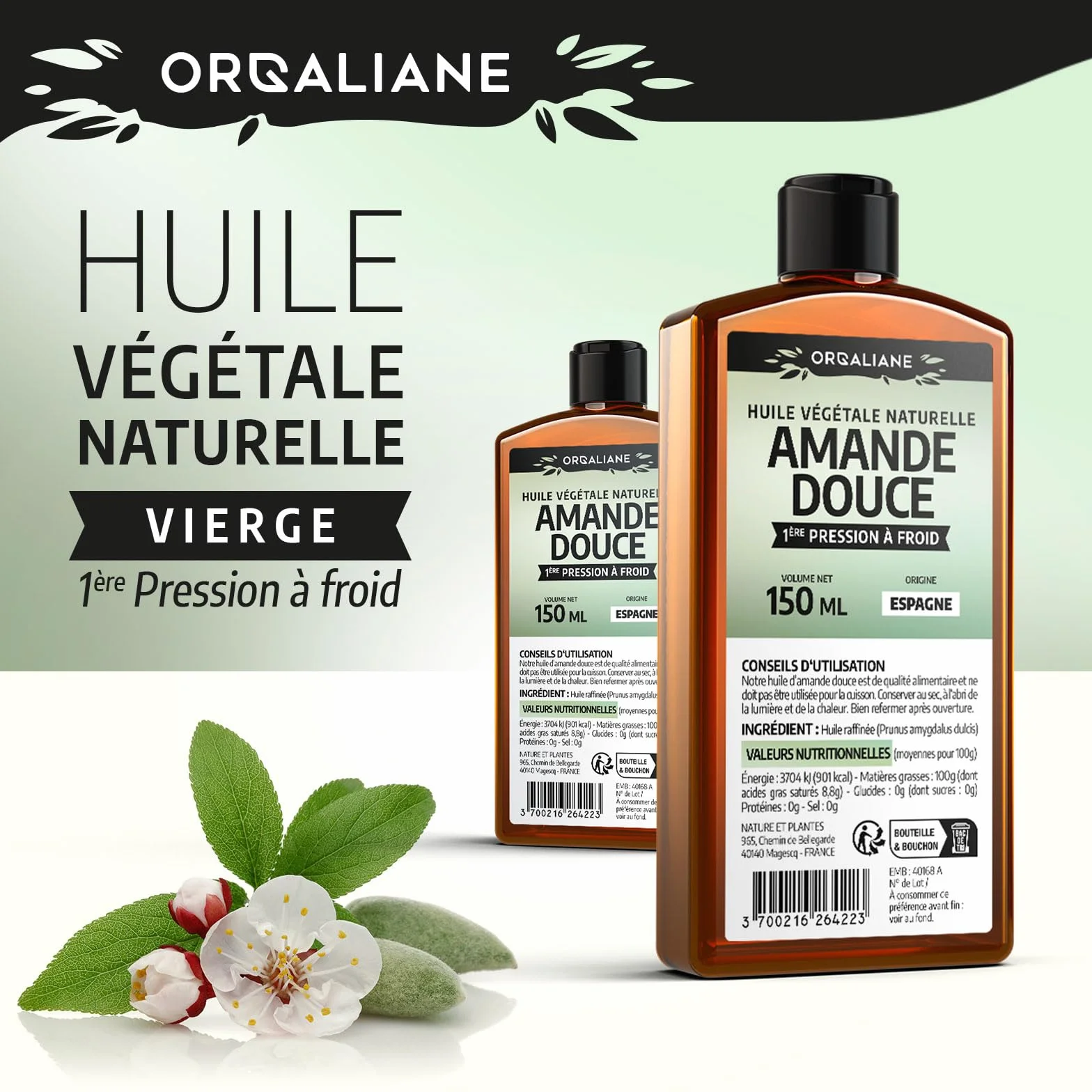 Huile d'Amande Douce 900 ml 100% Naturelle Pression à froid