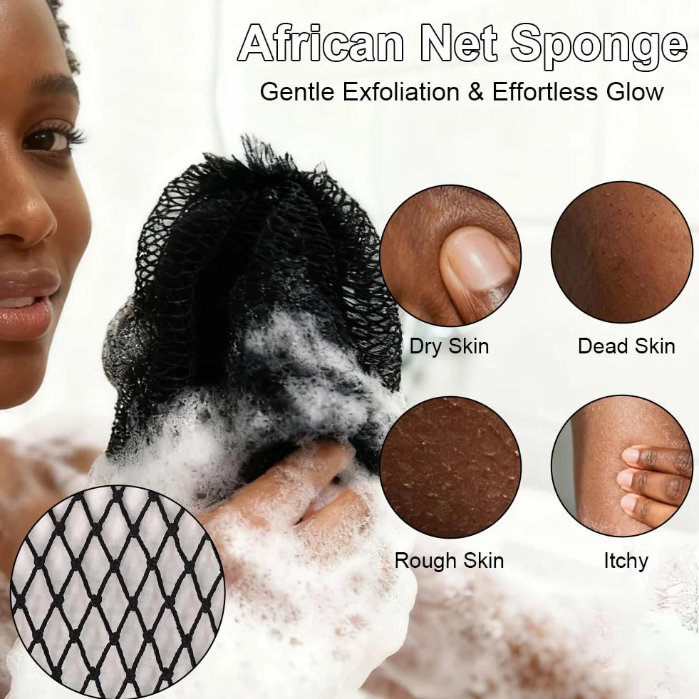 Filet de Douche Africain Éponge à Séchage Rapide Exfoliante pour Hommes Femmes Noir