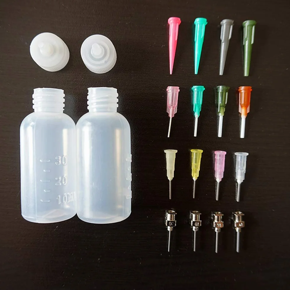CAILI Bouteille en plastique de tatouage,Tip Precision Applicateur Set bouteilles Contient 2 bouteilles applicateurs vides avec 16 aiguilles Conseils