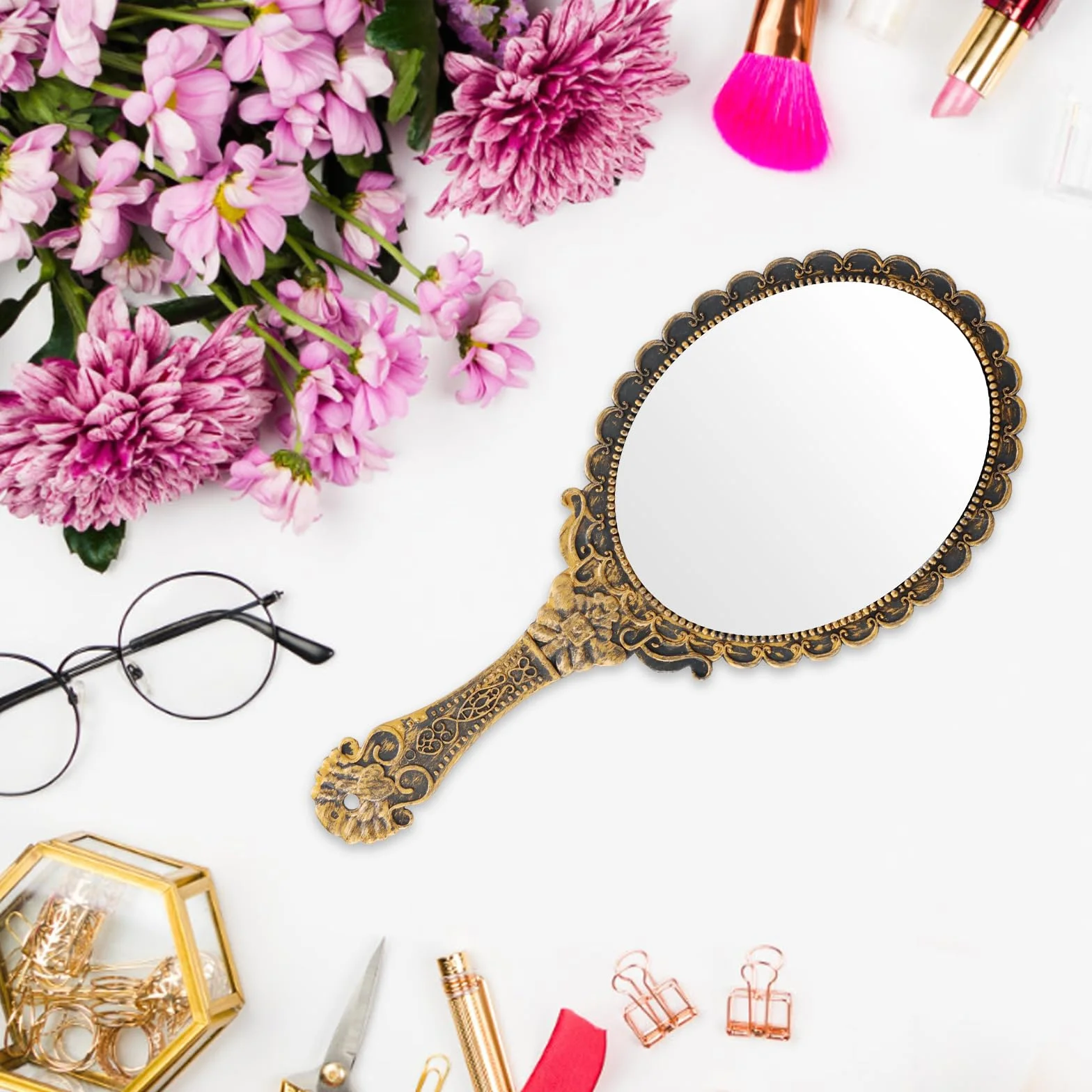 Amexo Miroir Vintage Poche Voyage Main Maquillage Ovale Femmes Beauté Bronze