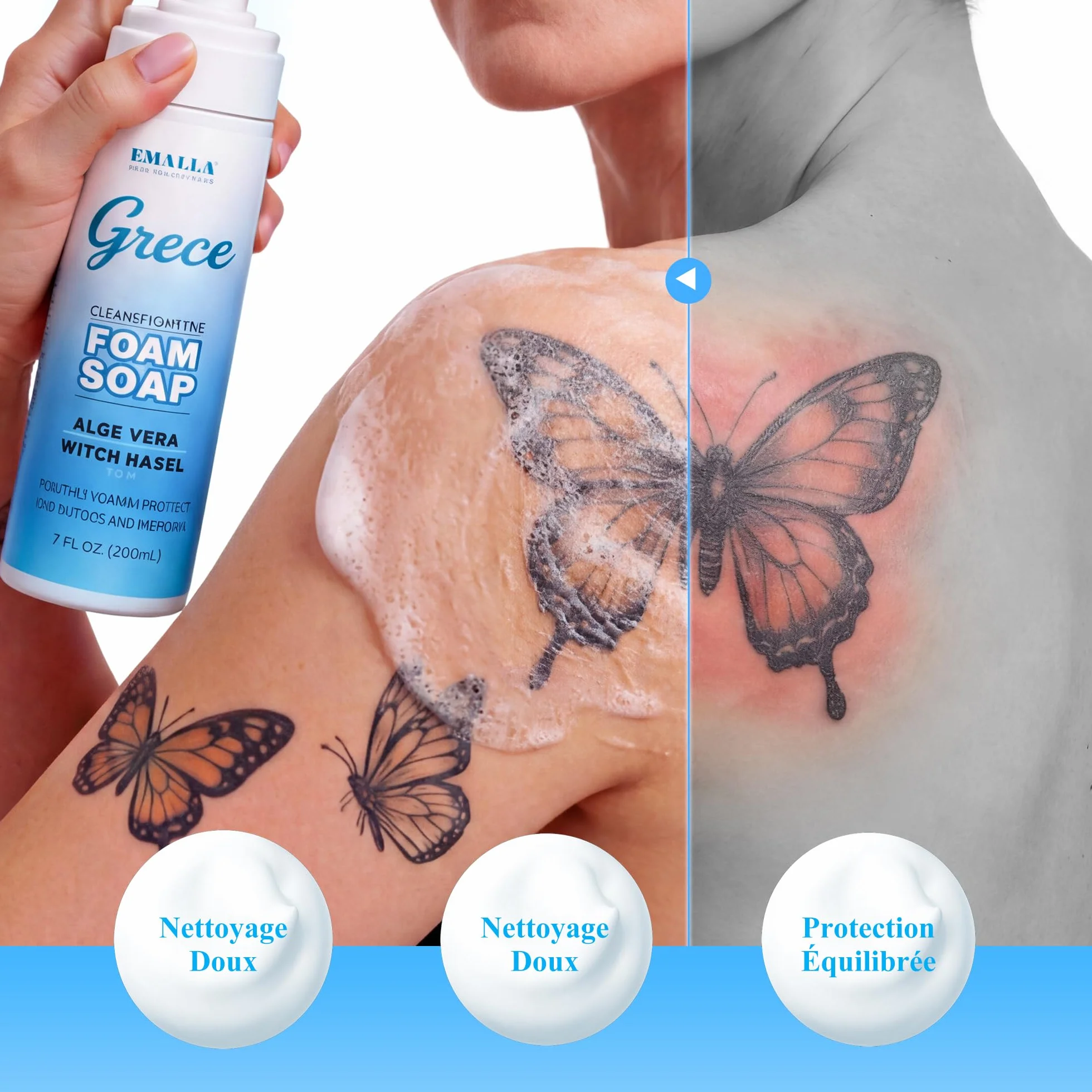 EMALLA GRECE Mousse de soin douce pour tatouage 150 ml sans savon aux extraits de plantes