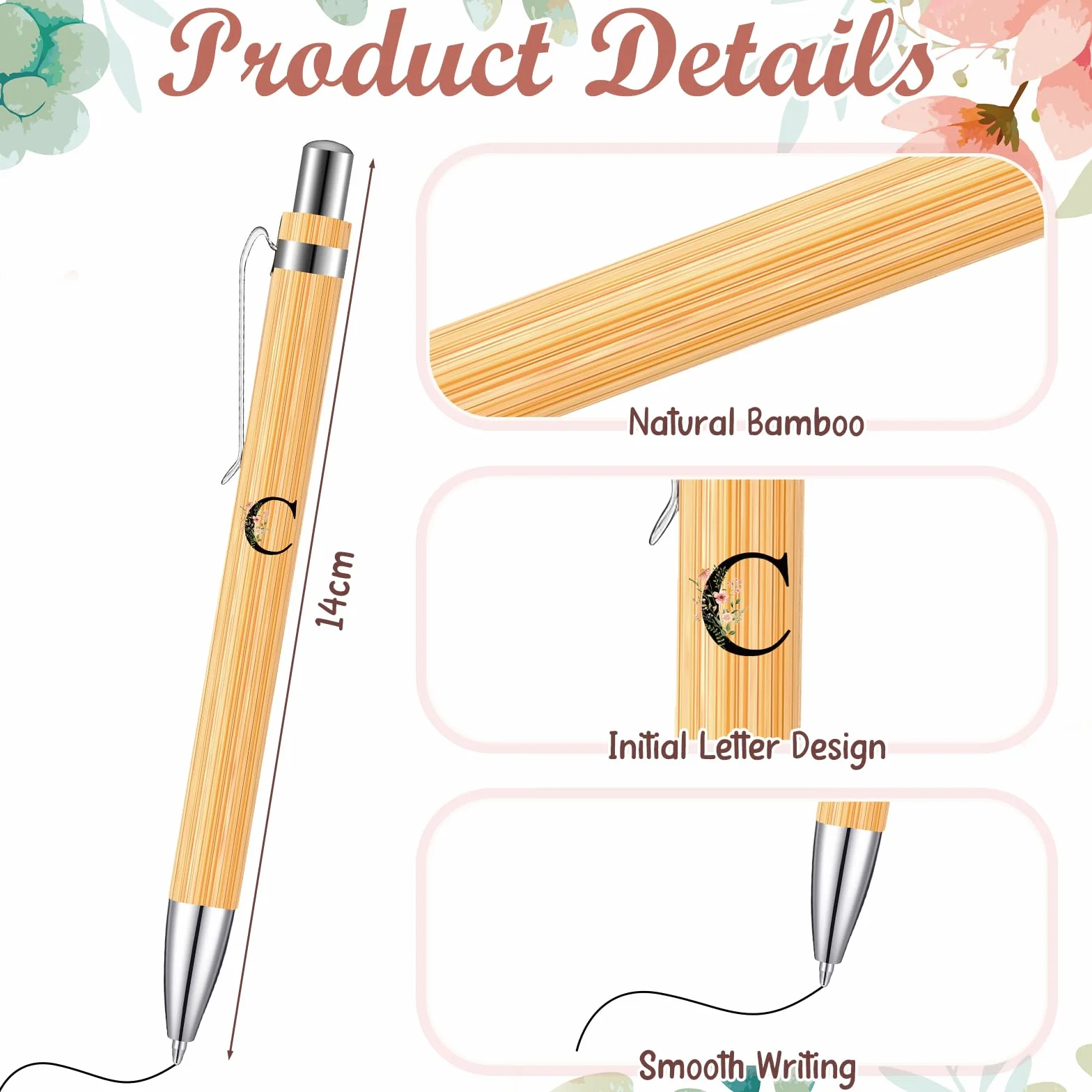 Lot de 3 Cadeaux pour Femmes Maman avec Initiale Florale Trousse de Maquillage Porte-Clés Stylo à Bille Anniversaire (Lettre C, Blanc, Bois)