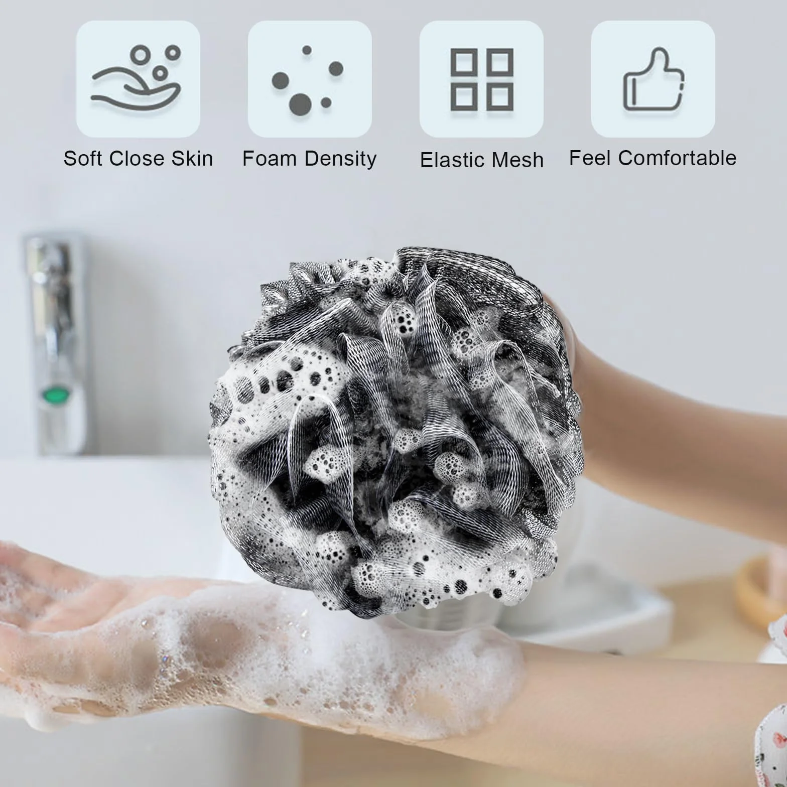 Éponge Fleur de Bain Noir, 2 Pièces, Exfolier Nettoyer Peau, Accessoires Douche