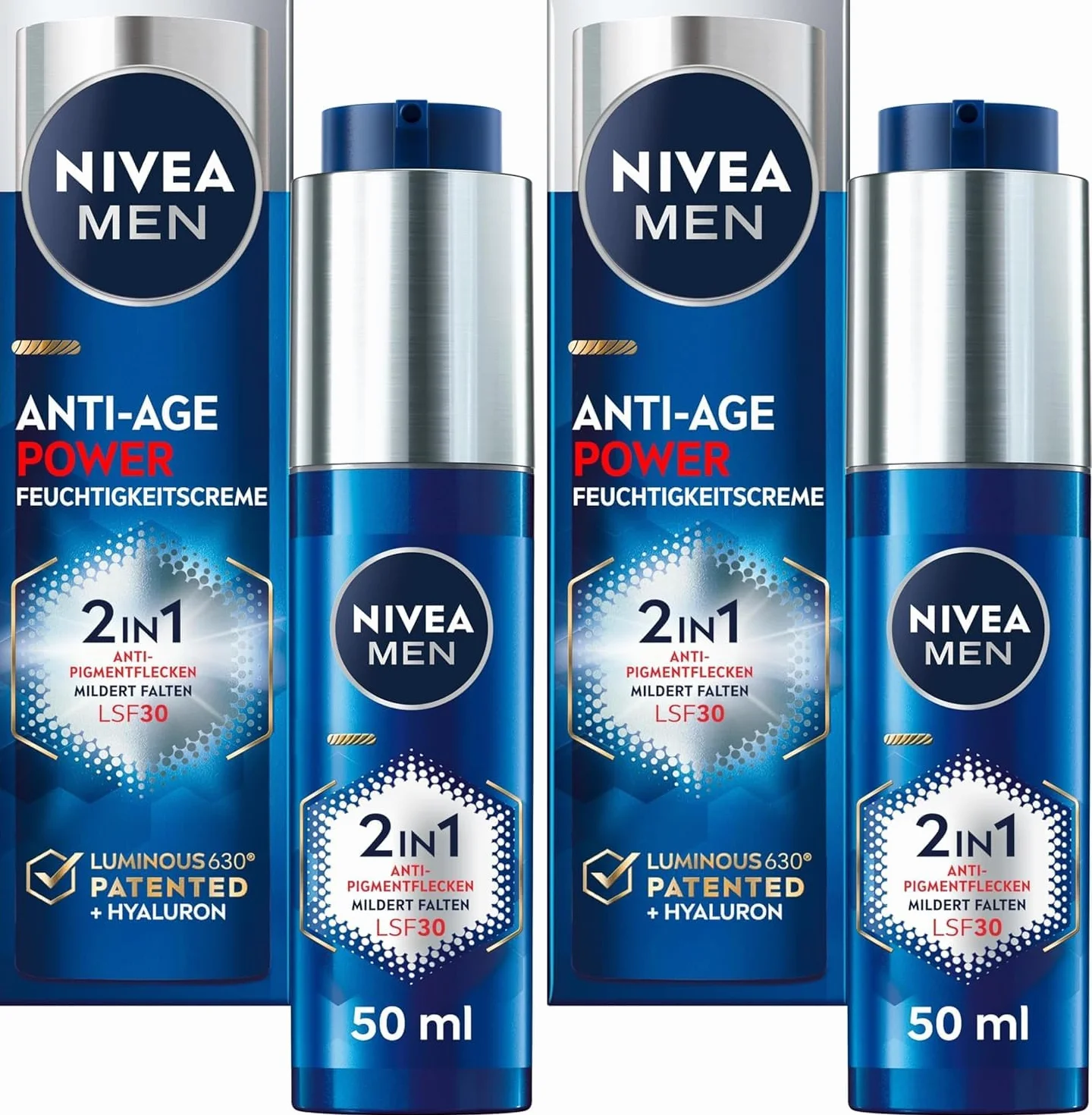 NIVEA MEN Anti-âge 2 en 1 Power Soins du jour avec SPF 30, soins du visage à l'acide hyaluronique pour hommes avec effet anti-âge, soins de la peau avec LUMINOUS630® contre les taches de vieillesse et