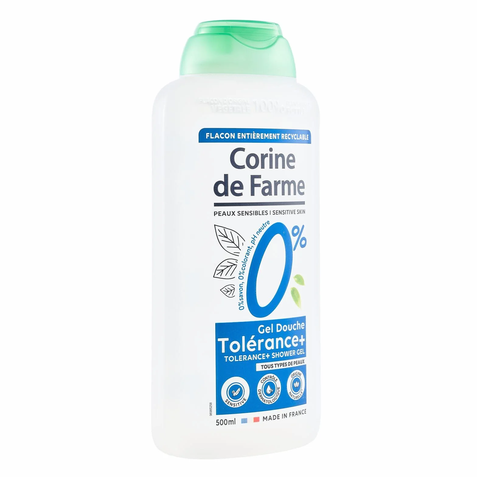 Corine de Farme Gel Douche Hypoallergénique 0% Tolérance+ Peaux Sensibles pH Neutre Sans Savon ni Colorant 500ml