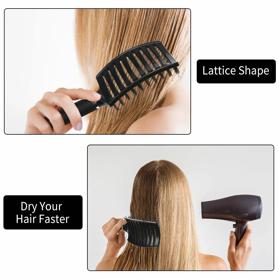 Brosse à Cheveux Poil de Sanglier Professionnelle Incurvée Ventilée pour Coiffeur (Noir)