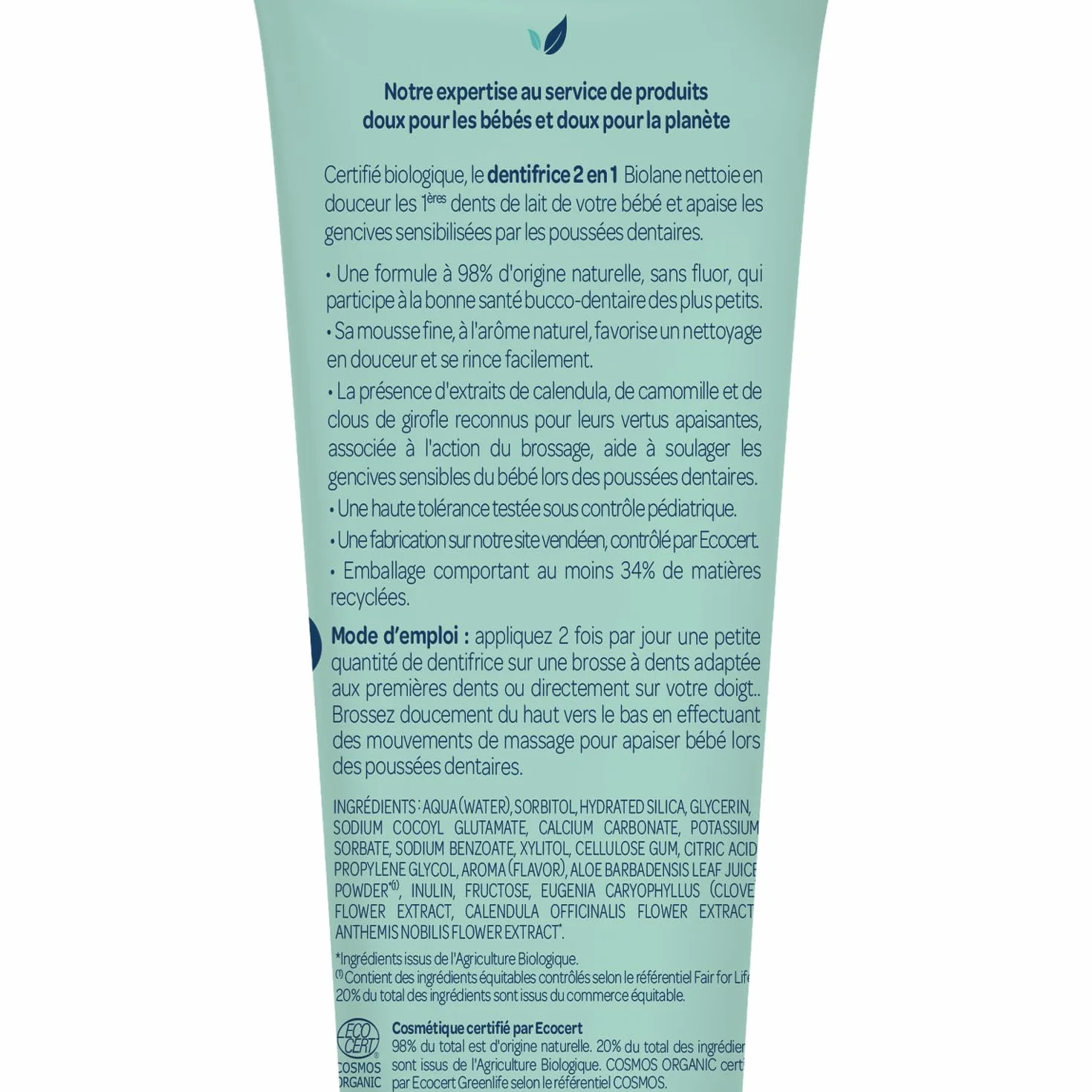 BIOLANE Dentifrice Bébé 2en1 BIO 50 ml Sans Fluor Arôme Fraise Fabriqué en France