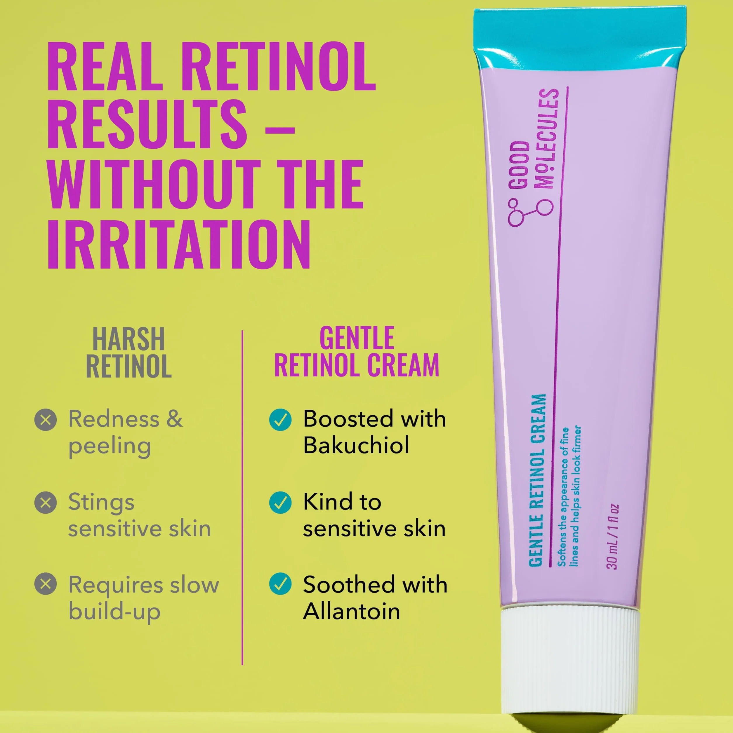 Good Molecules Crème douce au rétinol - Crème de nuit au rétinol pour la production de collagène, recette raffermissante au bakuchiol, soin anti-âge pour le visage