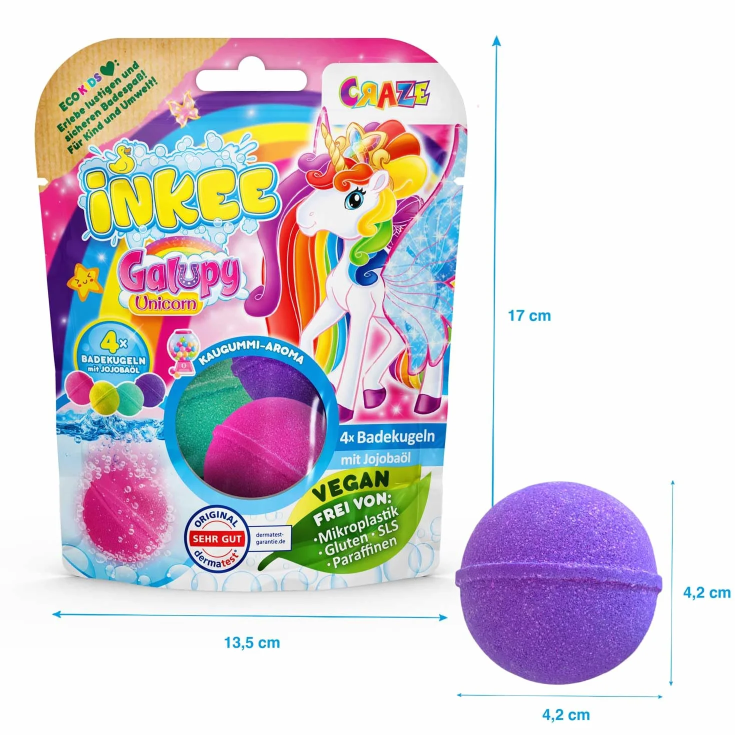 INKEE GALUPY UNICORN Pack de 4 Bombes de bain enfant 4 couleurs parfum Chewing-gum huile Jojoba 4x50g