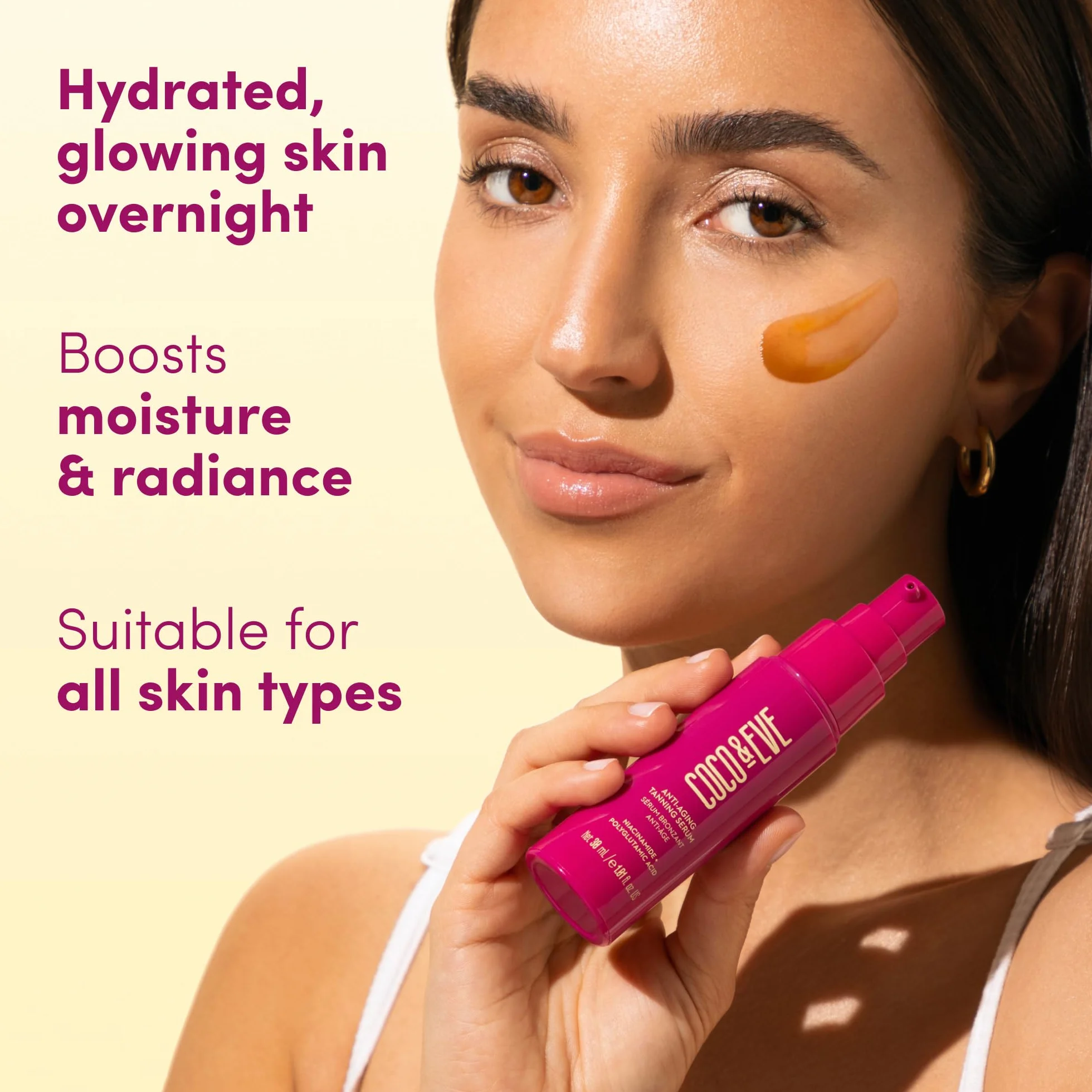 Sérum bronzant anti-âge Coco & Eve. Soin du visage actif pour un éclat hydratant progressif. Poudre autobronzante naturelle, avec niacinamide et antioxydants pour une peau éclatante de santé (30 ml)