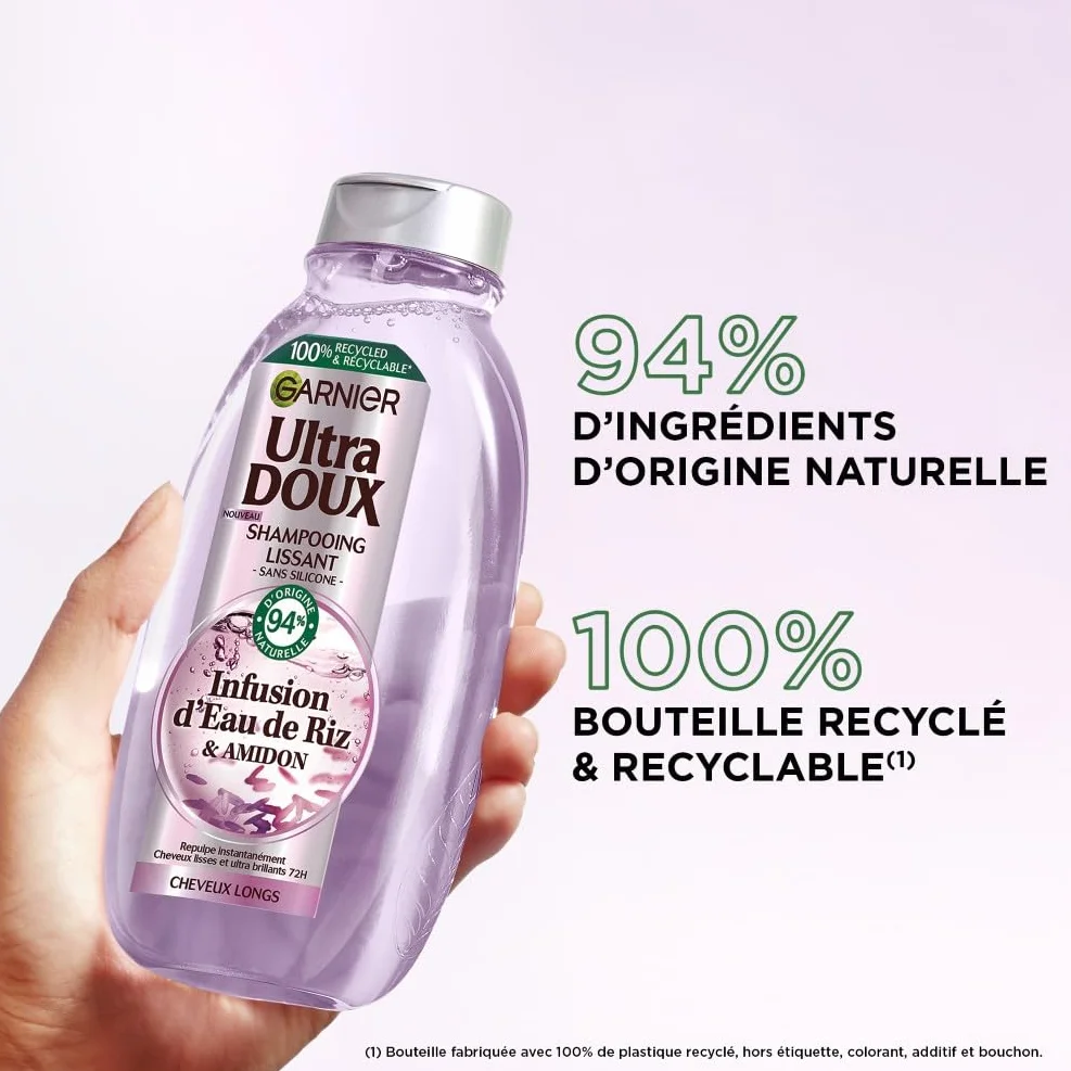 Garnier Ultra Doux Shampooing Lissant Douceur & Brillance Infusion Eau de Riz Cheveux Rebelles 250 ml