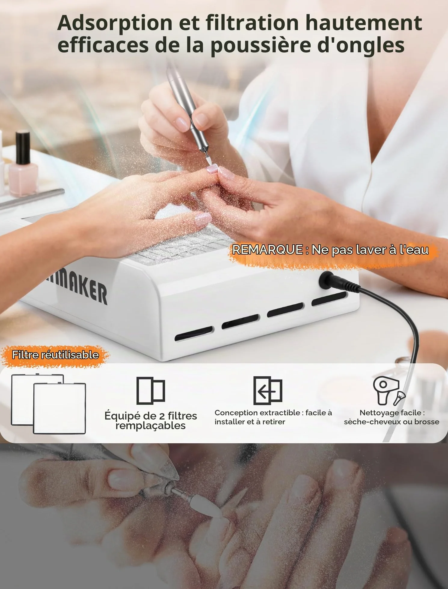 INMAKER Aspirateur Ongles Professionnelle Avec 2 Filtre Remplaçable | 60W Aspirateur Ongle Manucure pour Nail Art ou Salon, Blanc