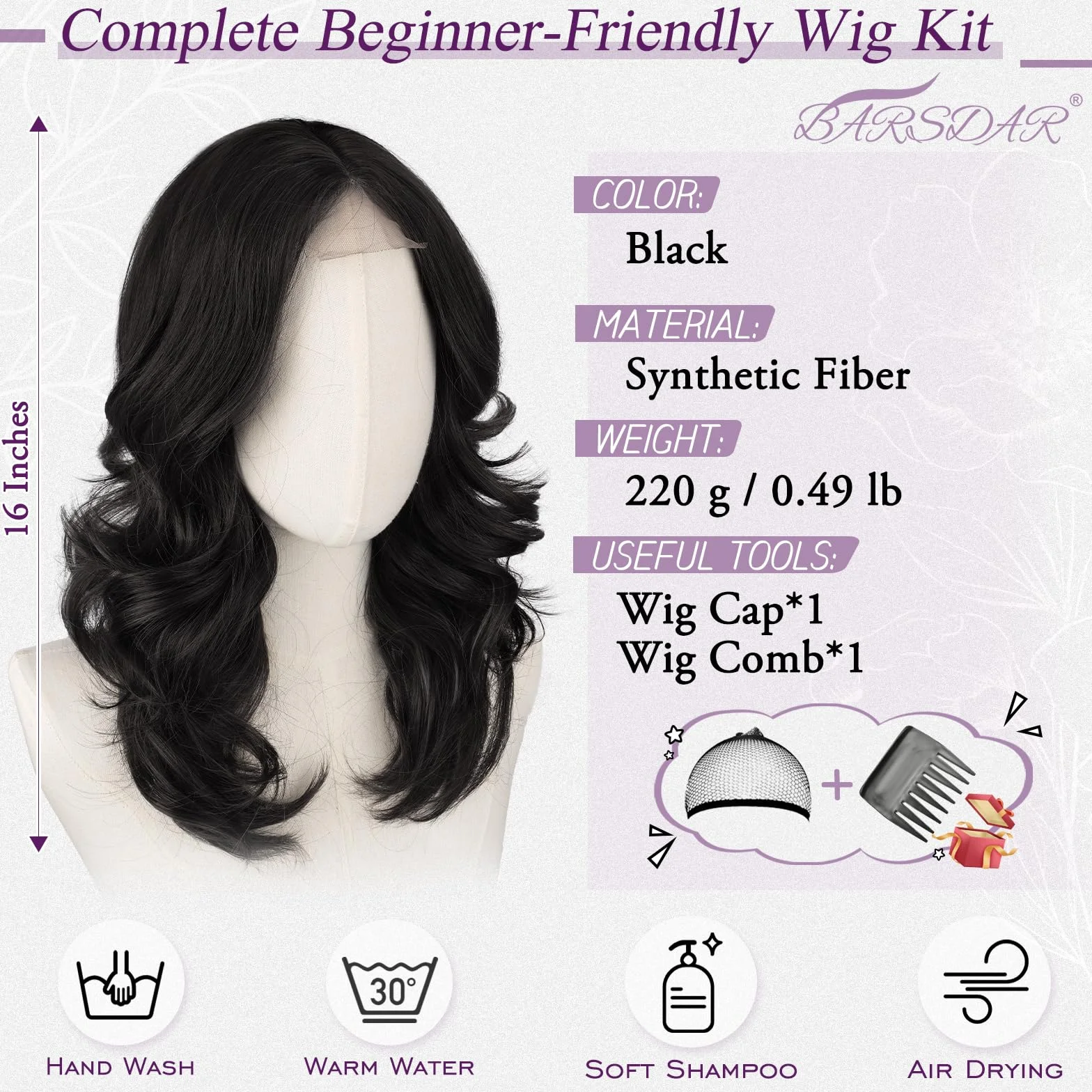 BARSDAR Courte Ondulée Noir Perruque, Shoulder Longueur Noir Perruque pour Femmes Courte Wave Textured Layered Perruques avec Face-Framing Curtain Bangs Synthétiques D'aspect Naturel Perruques Party