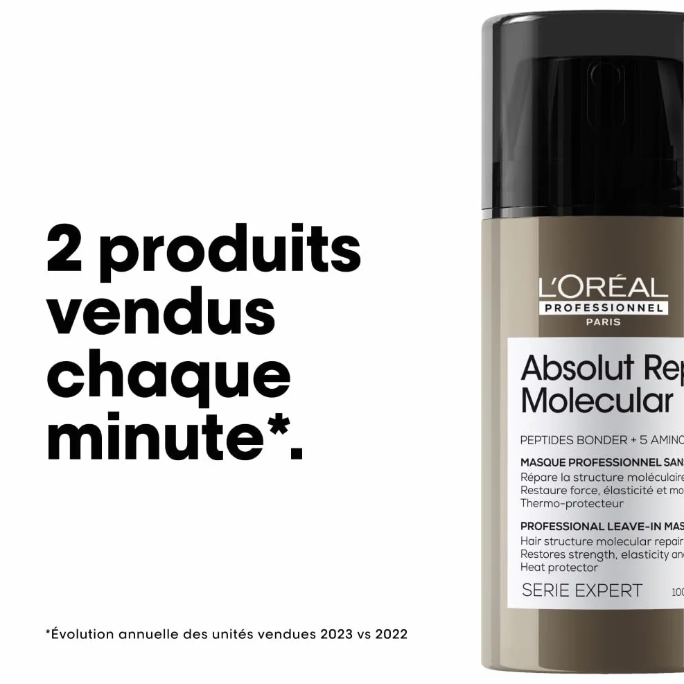 L'OREAL PROFESSIONNEL Absolut Repair Molecular Réparation Thermoprotection Cheveux Très Abîmés Raides à Bouclés Répare 2 Ans Dommages +97% Force