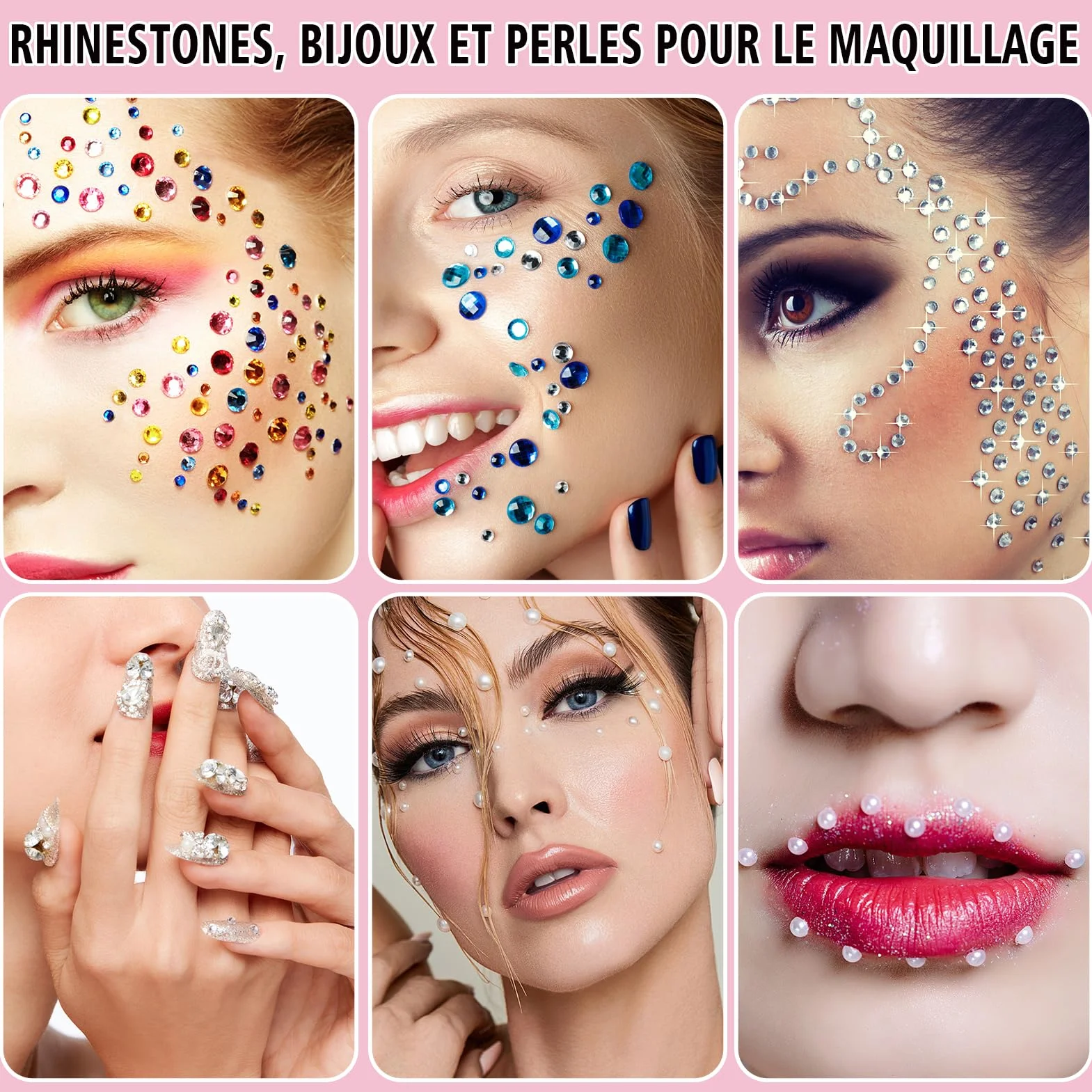 7159pcs visage gemme yeux bijoux strass couleur dos plat perles blanches beiges avec pinces maquillage manucure