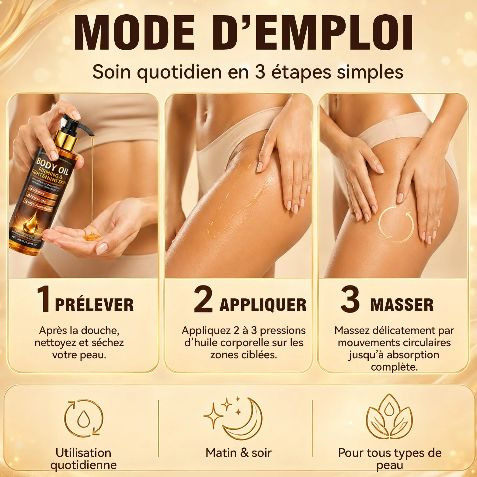 Huile Raffermissante pour la Peau, 100 ml, Corps, Bras, Cuisses, Ventre, Fessier
