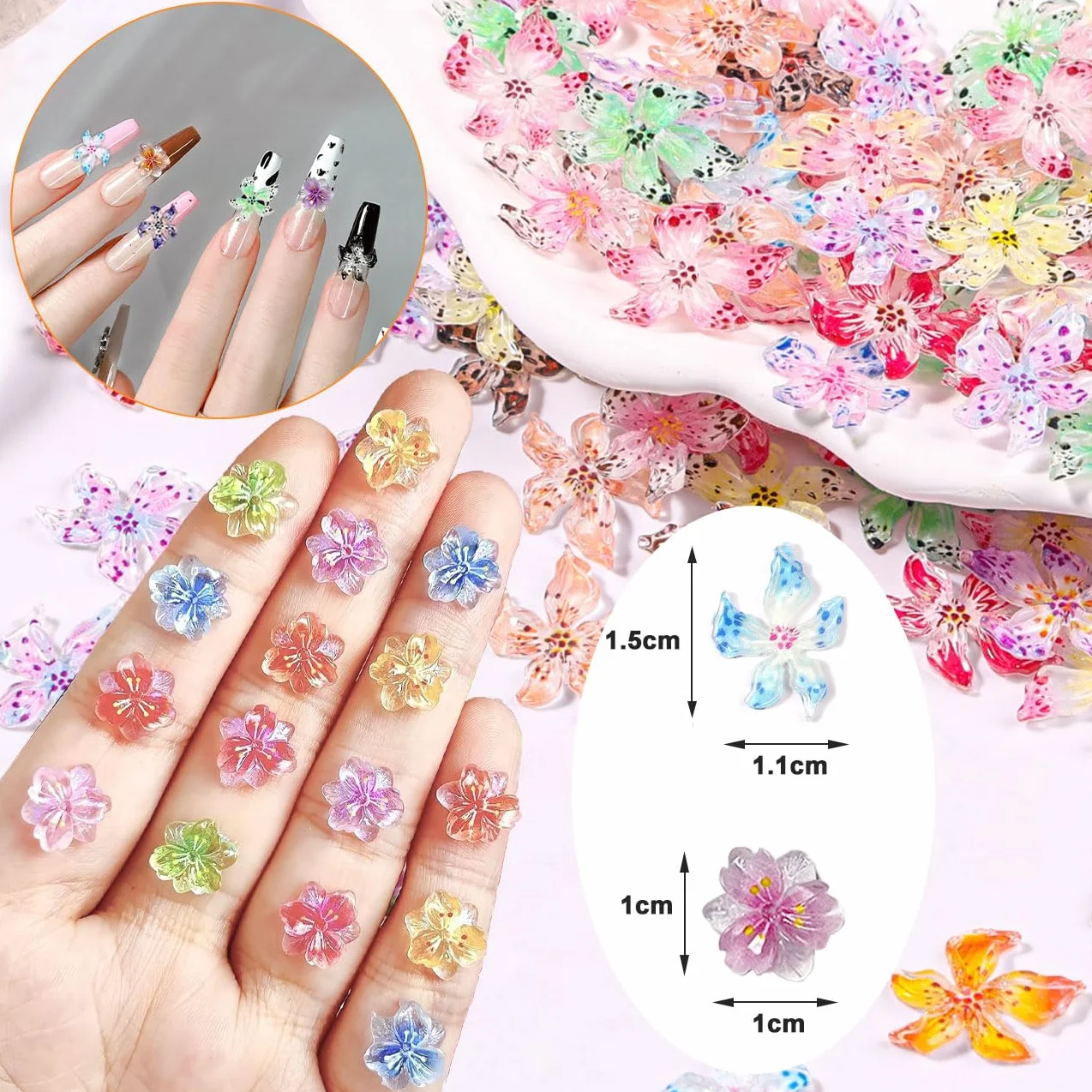 100 Pièce 3D Fleur Nail Charms, Breloques pour Ongles en Résine Cristal, Hawaïen Hibiscus Accessoires DIY 2 Style
