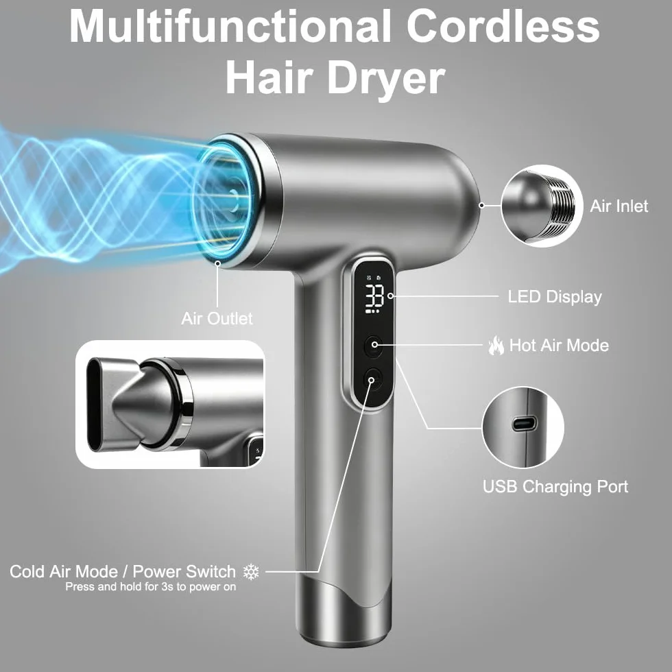 Seche Cheveux Sans Fil Rechargeable, Sèche-Cheveux Sans Fil avec 3 Températures et 3 Vitesses, Rechargeable Sèche Cheveux Sans Fil, Mini Seche Cheveux Sur Batterie pour Camping Voyage