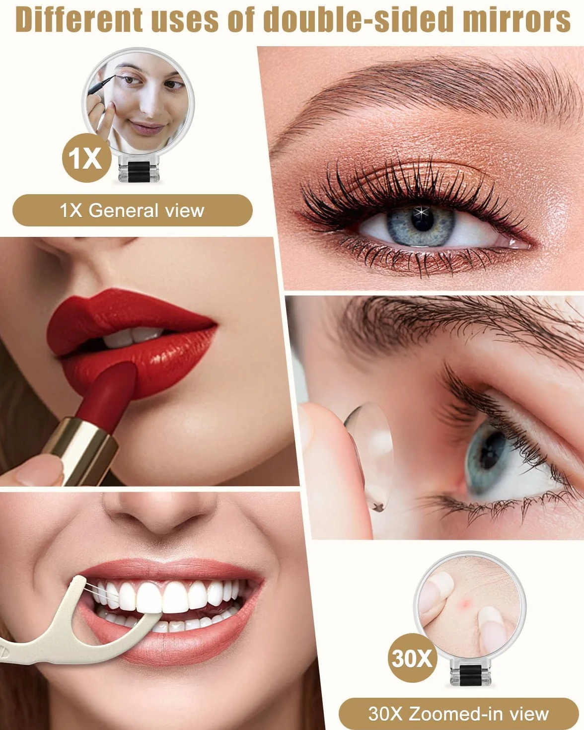 Miroir Grossissant 30X Double Face 1X/30X avec Poignée Pliable 360° Miroir de Maquillage Portable