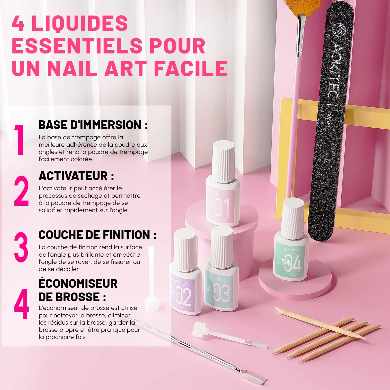 Aokitec Kit 36 poudres à ongles avec poudre de construction 20+1 couleurs activateur base tremper couche finition nail art