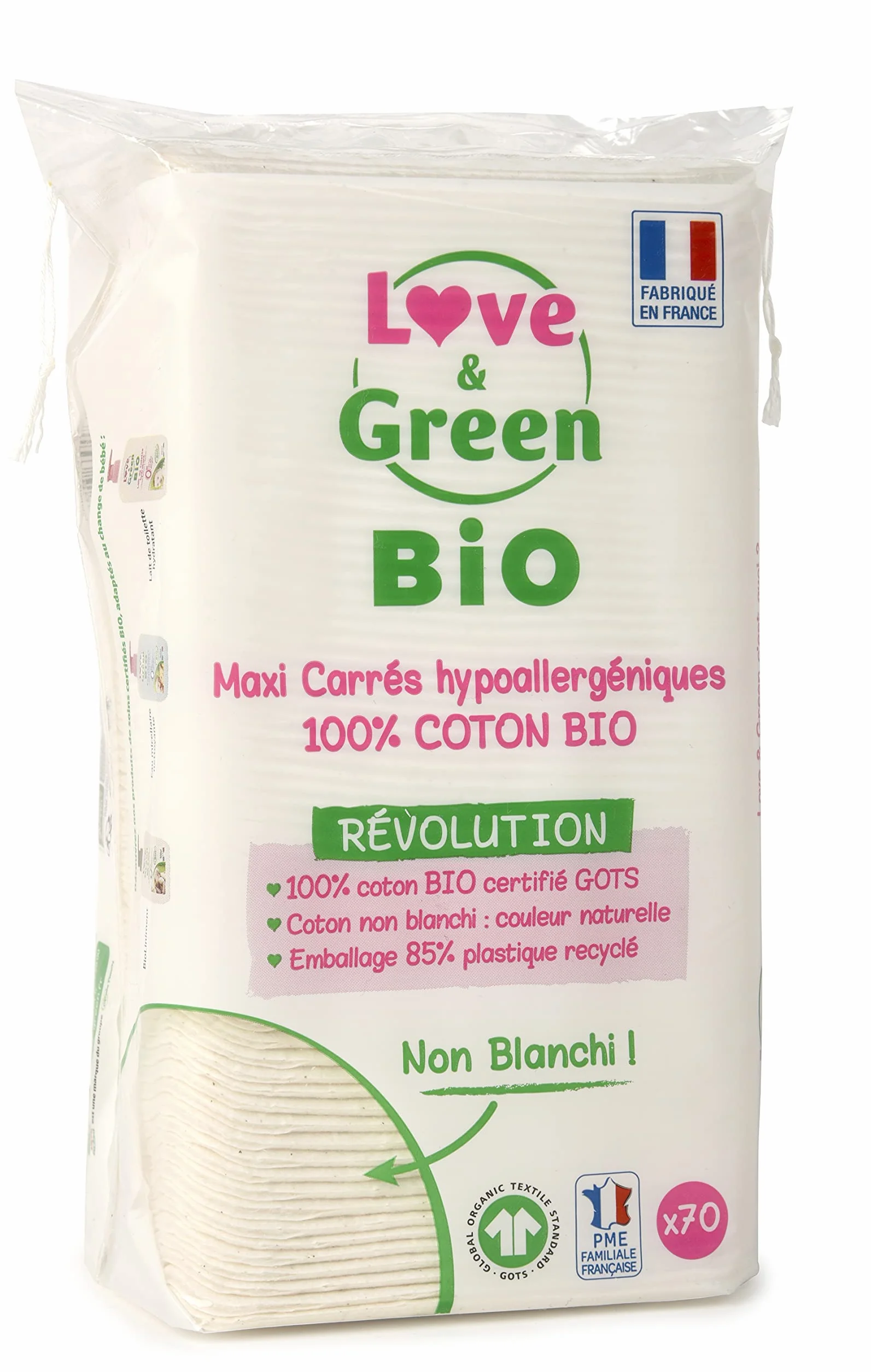 Love & Green Cotons Maxi Carrés Hypoallergéniques x70 Change et Toilette Bébé 100% Bio Fabriqués en France