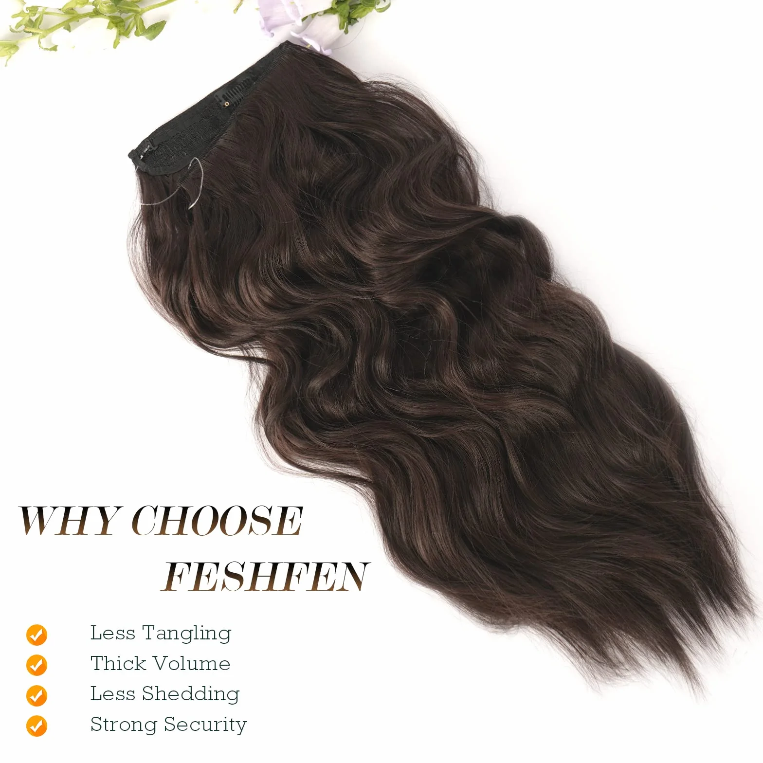 FESHFEN Extension Cheveux Fil Invisible Naturel - Longue Ondulés Fil Secrets Wire Hair Extensions Brun Foncé Synthétique Rajout Cheveux pour Femme, 50 cm