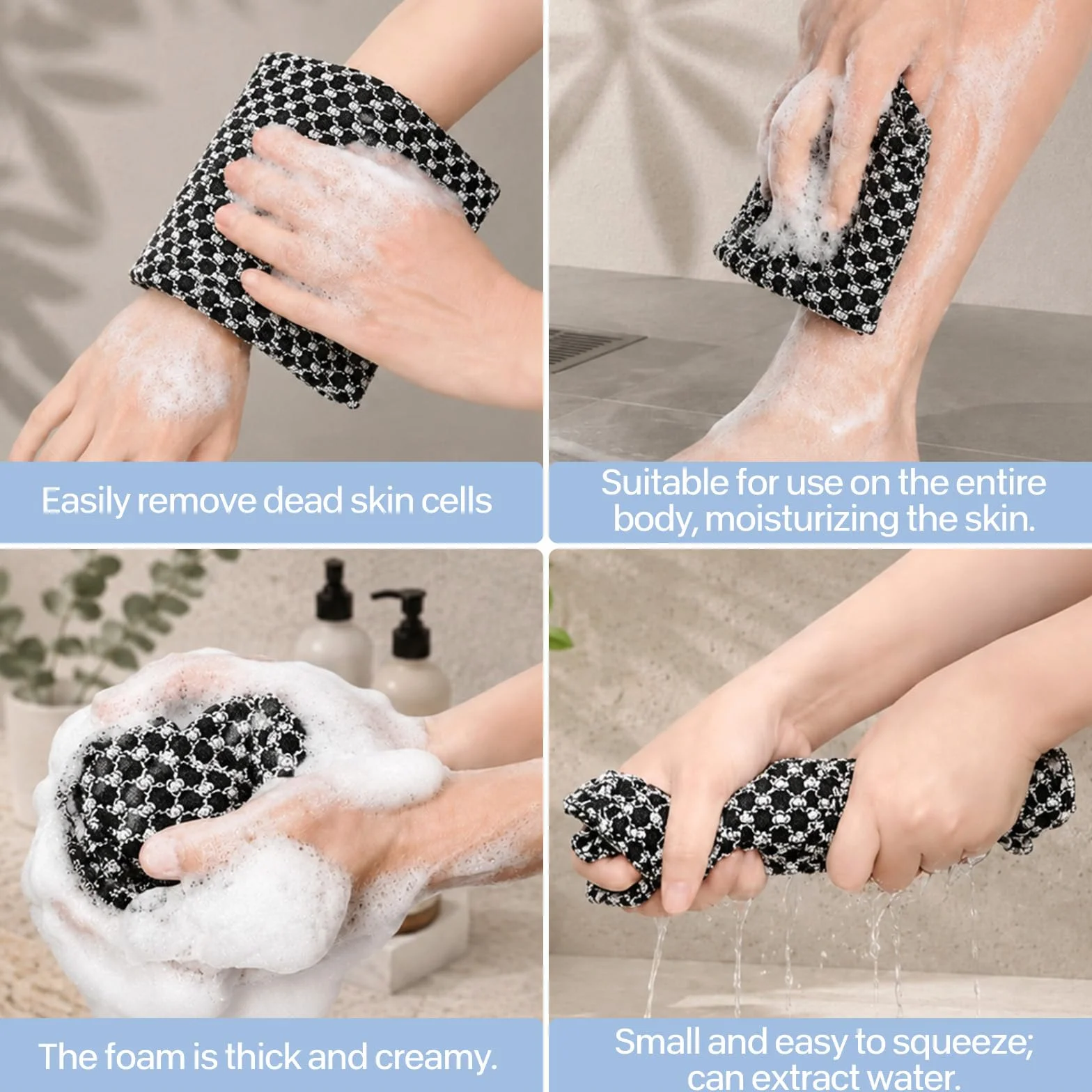 Serviette Exfoliante en Fibres de Bambou et Charbon Actif, Exfoliation Douce, Séchage Rapide, Noir