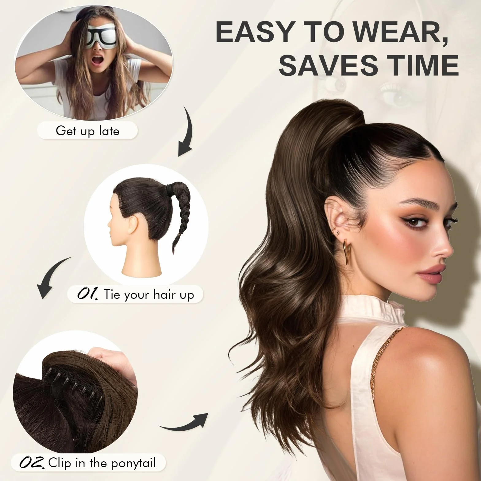 Sofeiyan Queue de Cheval Longue et Ondulée avec Pince, Extension de Queue de Cheval à Double Usage, 41 cm Synthétique Pince à de Ponytail Cheveux pour Femmes, Blond Miel avec des Mèches Blond Platine